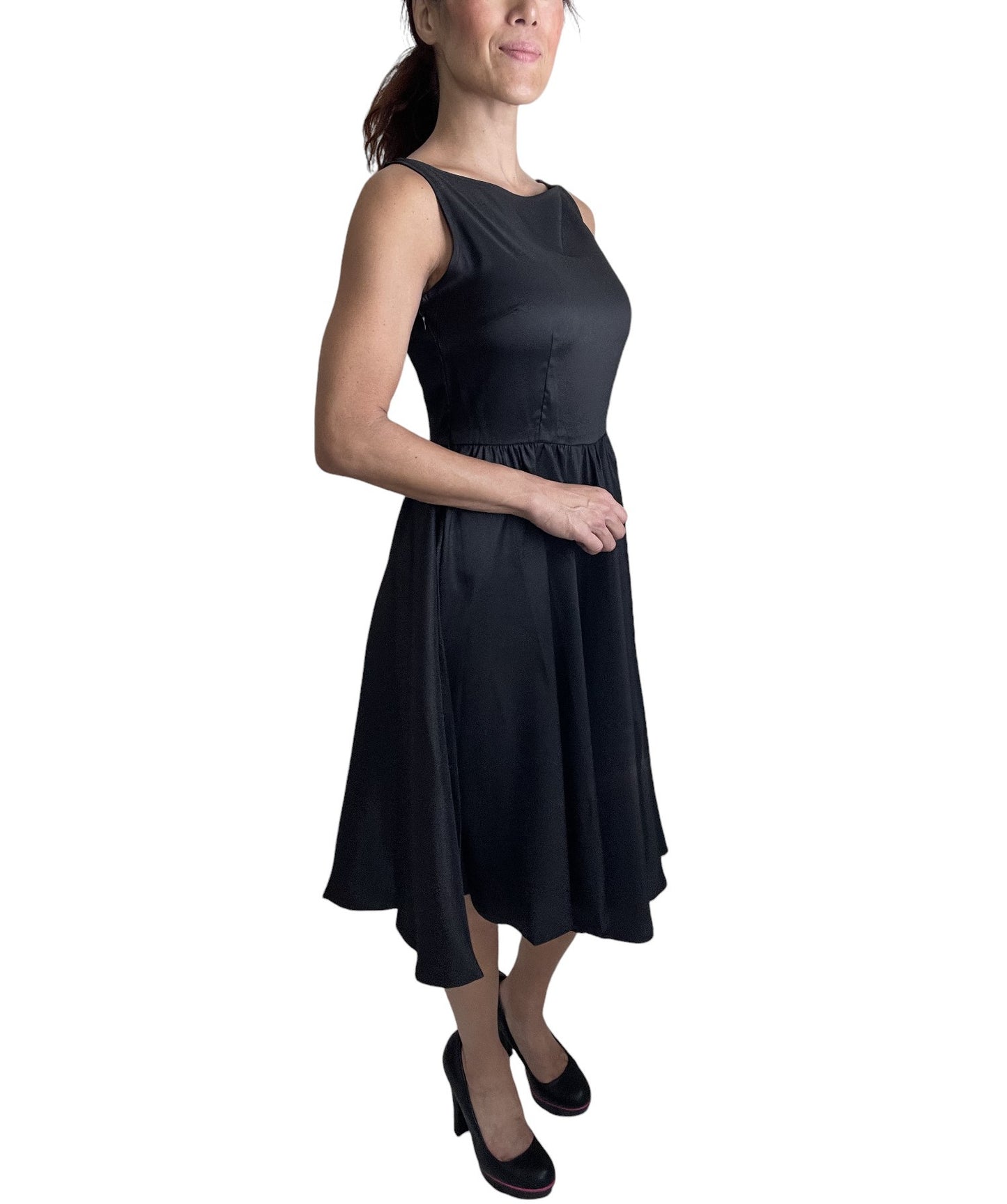 Retro Vintage Inspired Audrey Hepburn Style Black Satin Flare Swing Party Dress - Skelapparel
