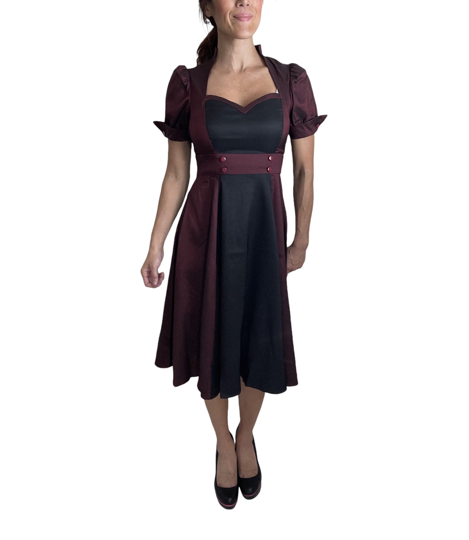 Vintage Inspired Queen of Hearts Two Tone Burgundy and Black Satin Dress, 12 (EU44) Vintage Inspired Queen of Hearts Two Tone Burgundy and Black Satin Dress, 12 (EU44)