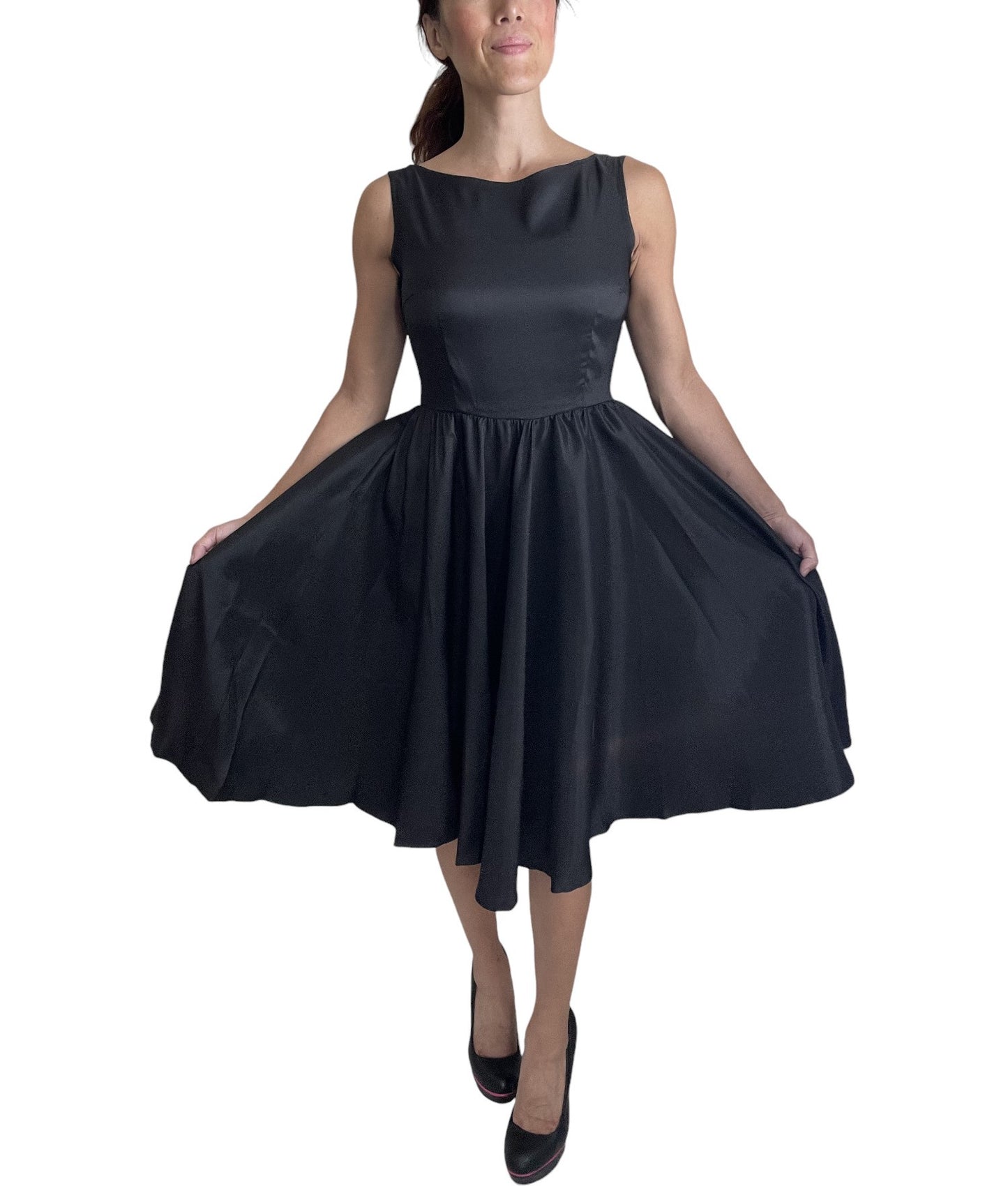 Retro Vintage Inspired Audrey Hepburn Style Black Satin Flare Swing Party Dress - Skelapparel