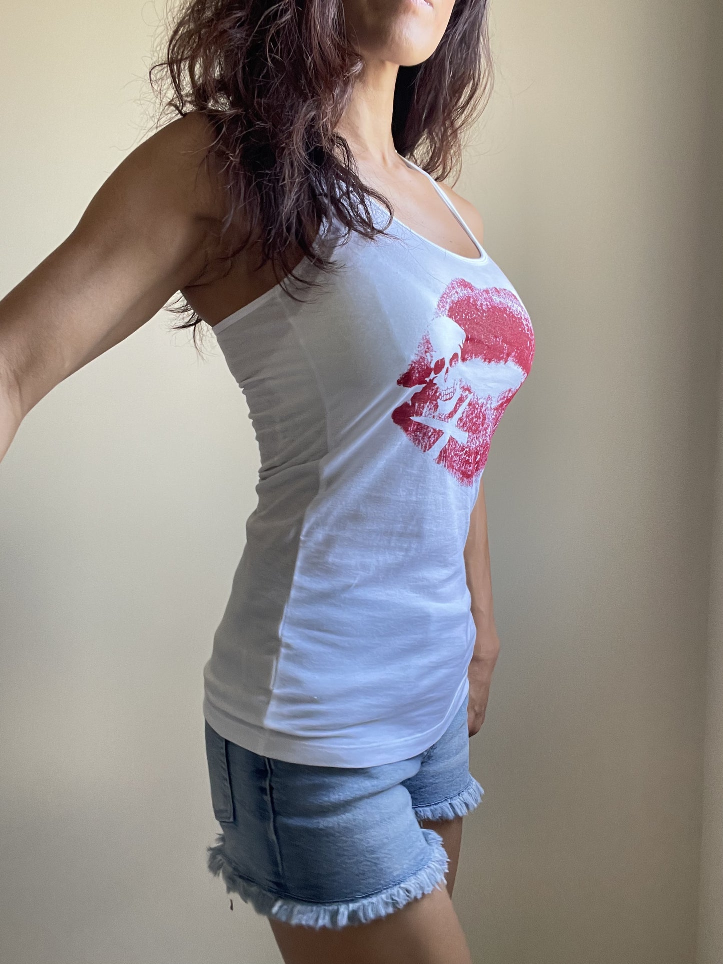 Rock Love Kiss Me Red Lips and Skull White Racerback Tank Top - Skelapparel