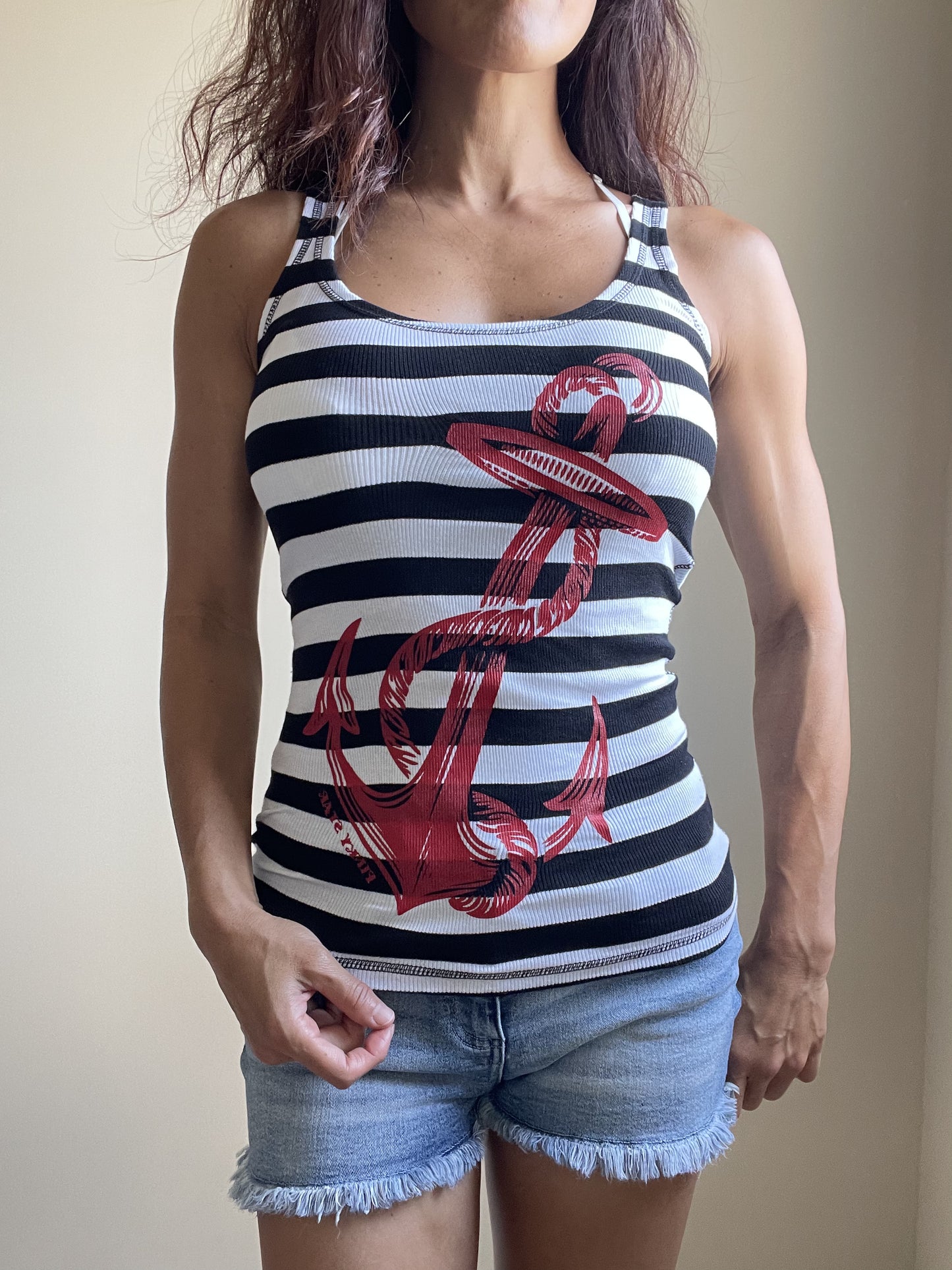 Nautical Pinup Striped Rib Tank Top with Anchor Logo - Skelapparel