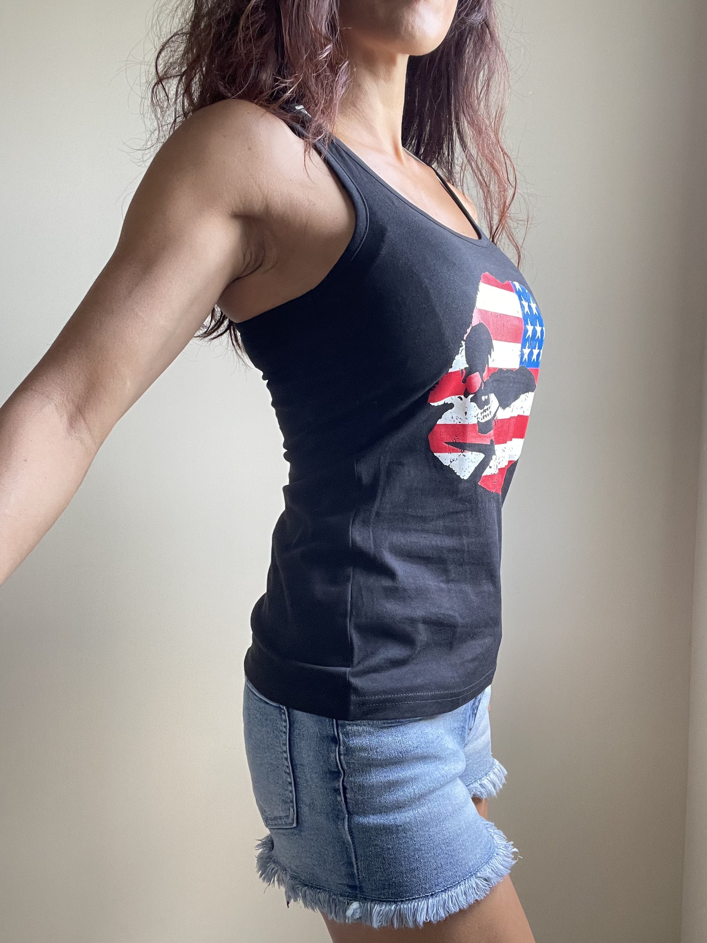 USA Flag Kiss Lips and Skull Black Racerback Tank Top