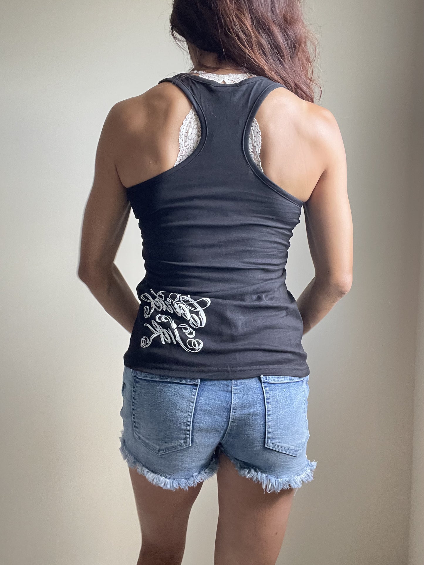 USA Flag Kiss Lips and Skull Black Racerback Tank Top