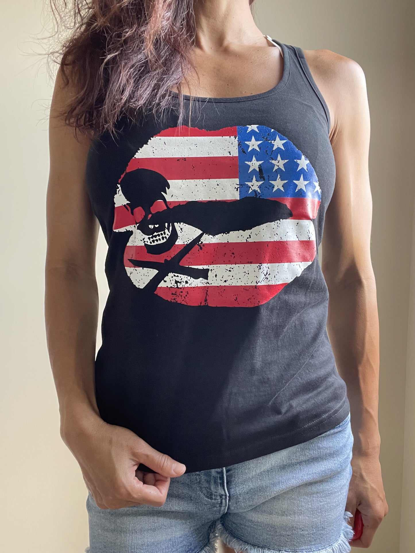 USA Flag Kiss Lips and Skull Black Racerback Tank Top