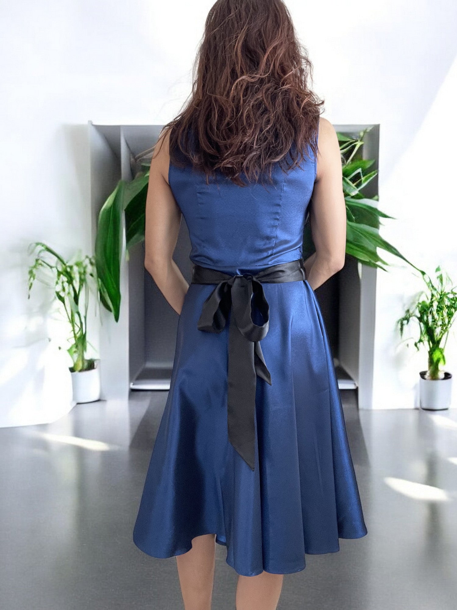 Women's Blue Dress - Blue Satin Tea Length Dress with Black Ribbon Sash, Bridesmaid, Prom, Cocktail Party