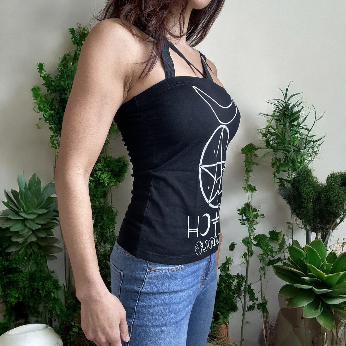 Pentagram and Moons Witch Moon Phases Black Strappy Tank Top - Skelapparel