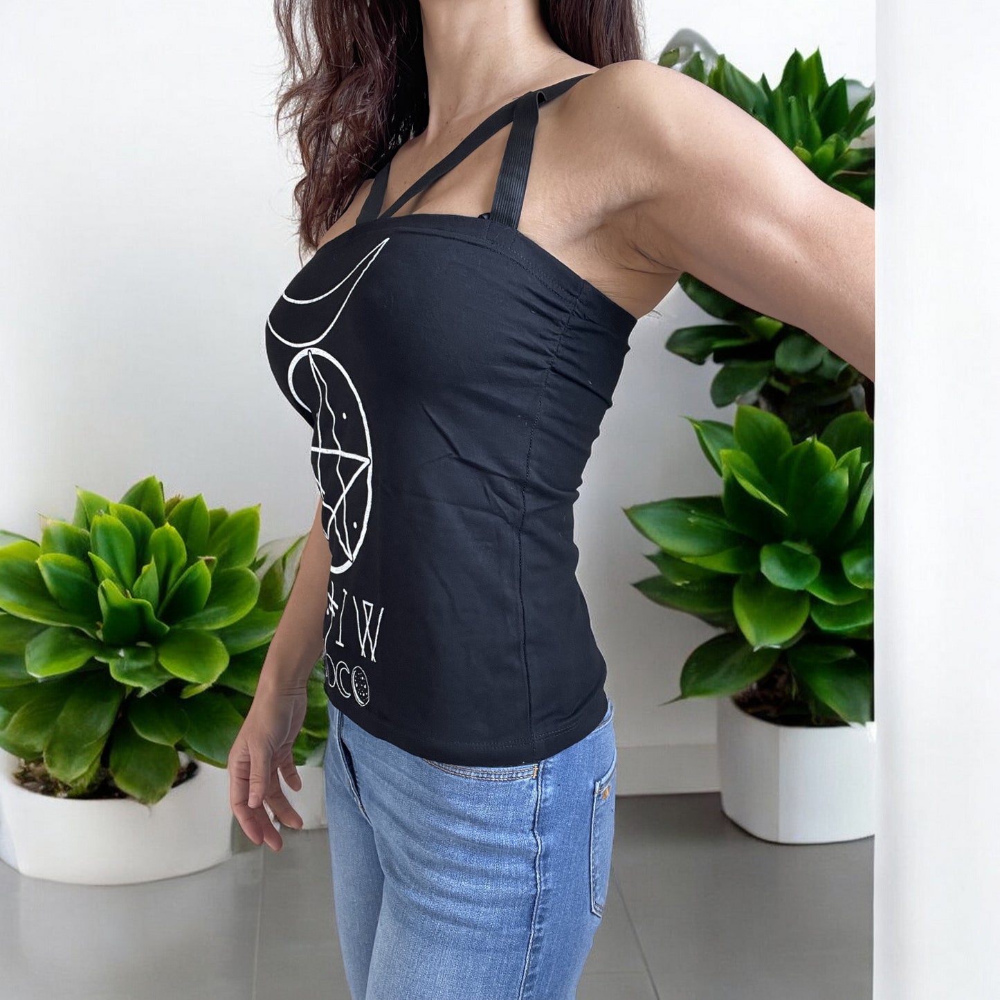 Pentagram and Moons Witch Moon Phases Black Strappy Tank Top - Skelapparel