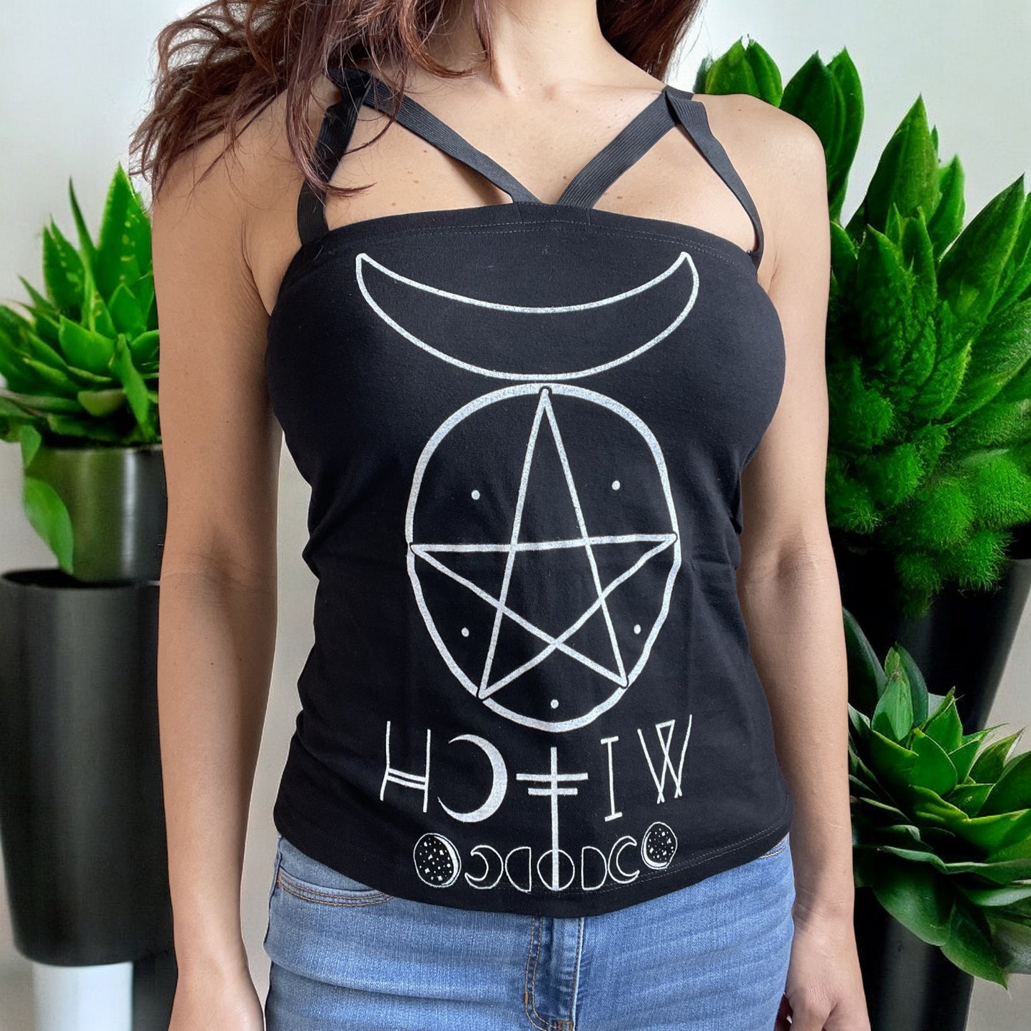 Pentagram and Moons Witch Moon Phases Black Strappy Tank Top - Skelapparel