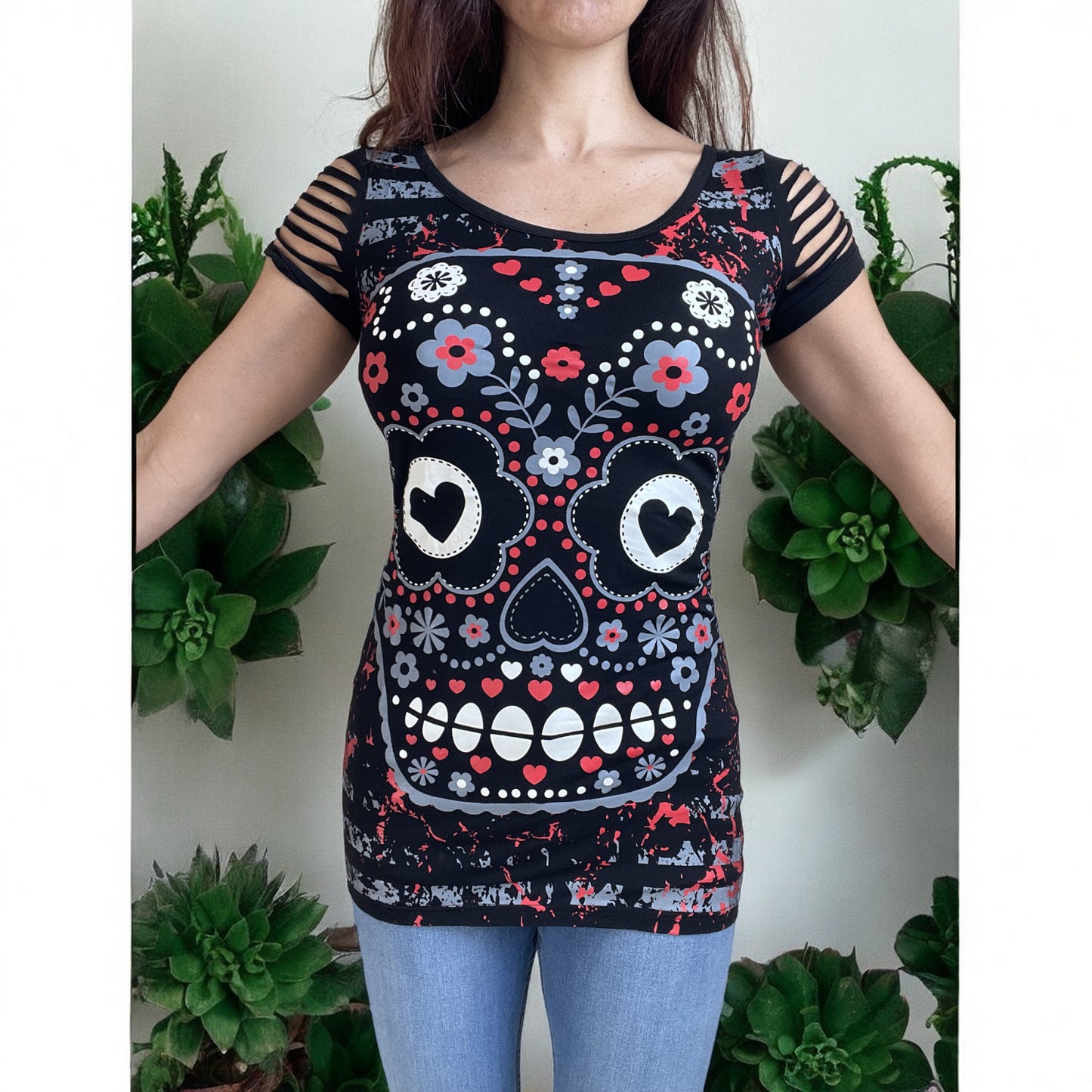 Rockabilly Love Day of the Dead Flower Candy Sugar Skull Cut Out Shoulder Top - Skelapparel