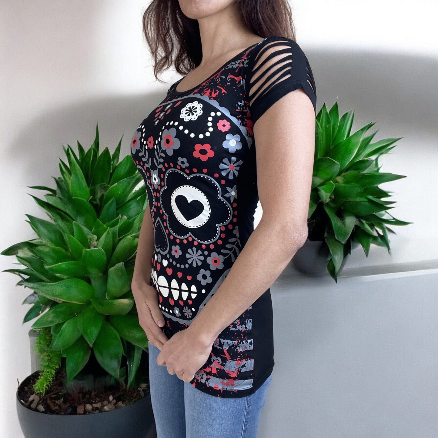 Rockabilly Love Day of the Dead Flower Candy Sugar Skull Cut Out Shoulder Top - Skelapparel
