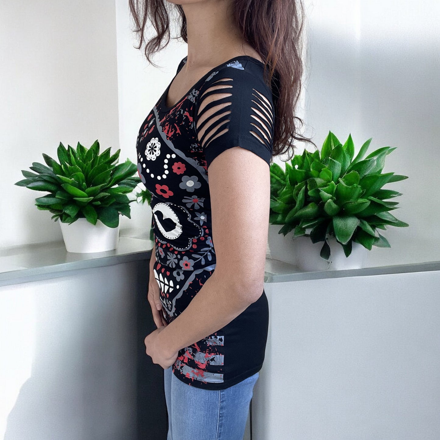 Rockabilly Love Day of the Dead Flower Candy Sugar Skull Cut Out Shoulder Top - Skelapparel