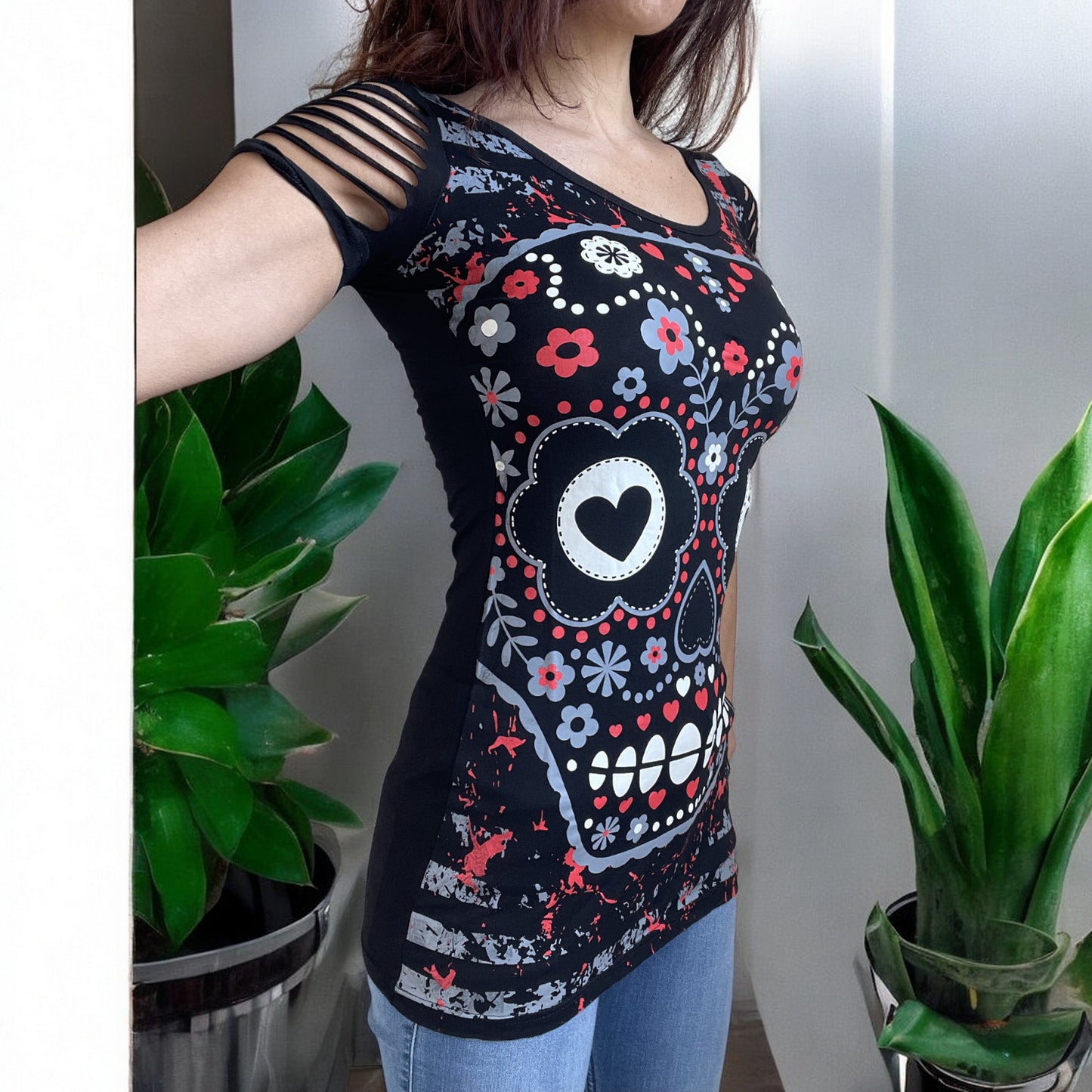 Rockabilly Love Day of the Dead Flower Candy Sugar Skull Cut Out Shoulder Top - Skelapparel