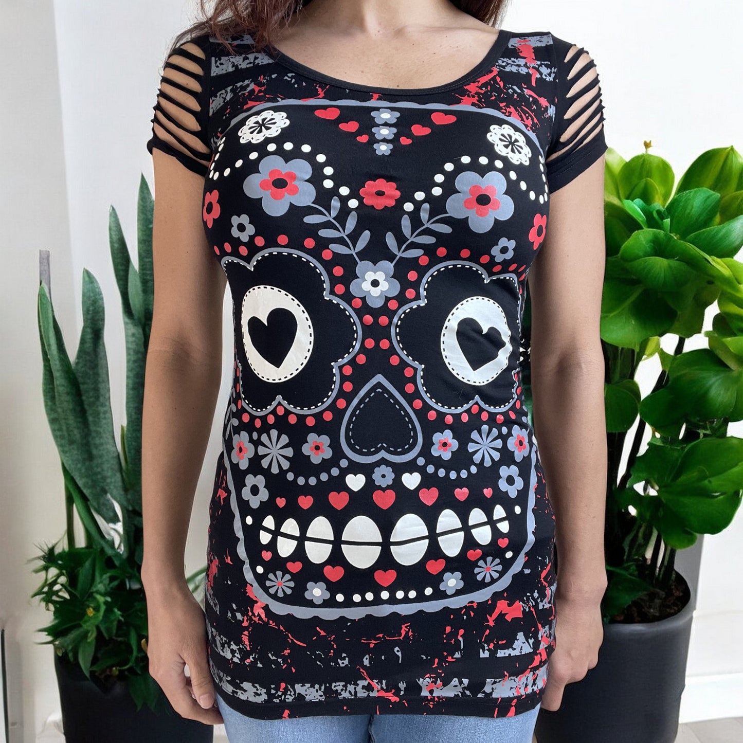 Rockabilly Love Day of the Dead Flower Candy Sugar Skull Cut Out Shoulder Top - Skelapparel