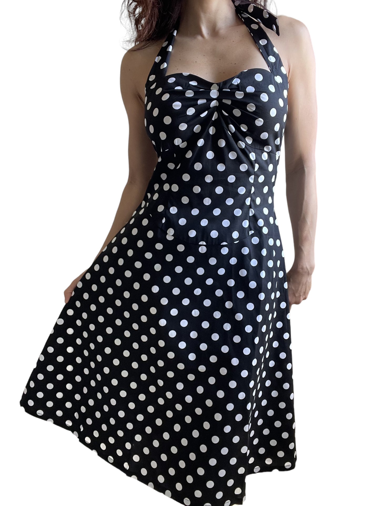 Black Polka Dot Cotton A-Line Halter Midi Summer Beach Dress - Casual Fit and Flare Sundress - Skelapparel