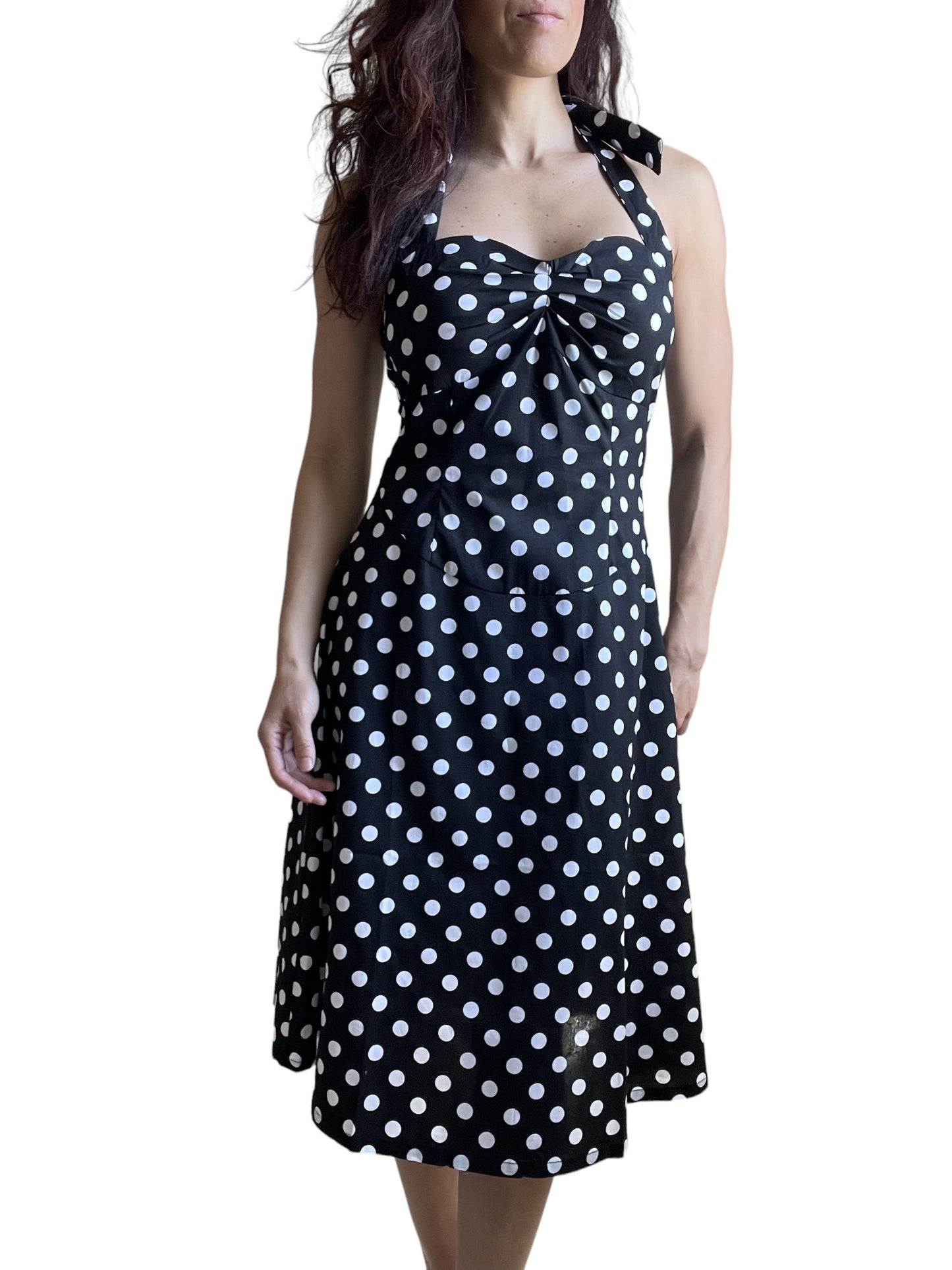 Black Polka Dot Cotton A-Line Halter Midi Summer Beach Dress - Casual Fit and Flare Sundress - Skelapparel