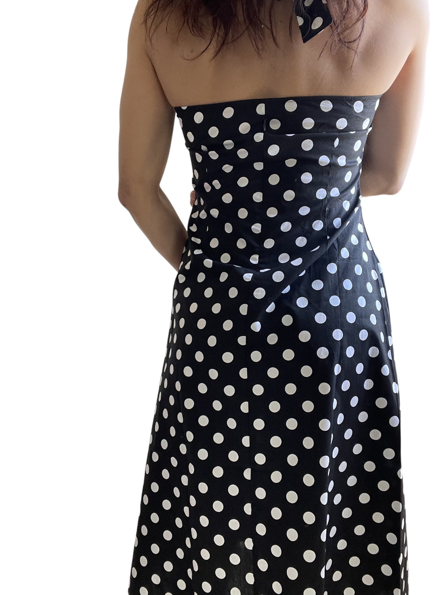 Black Polka Dot Cotton A-Line Halter Midi Summer Beach Dress - Casual Fit and Flare Sundress - Skelapparel