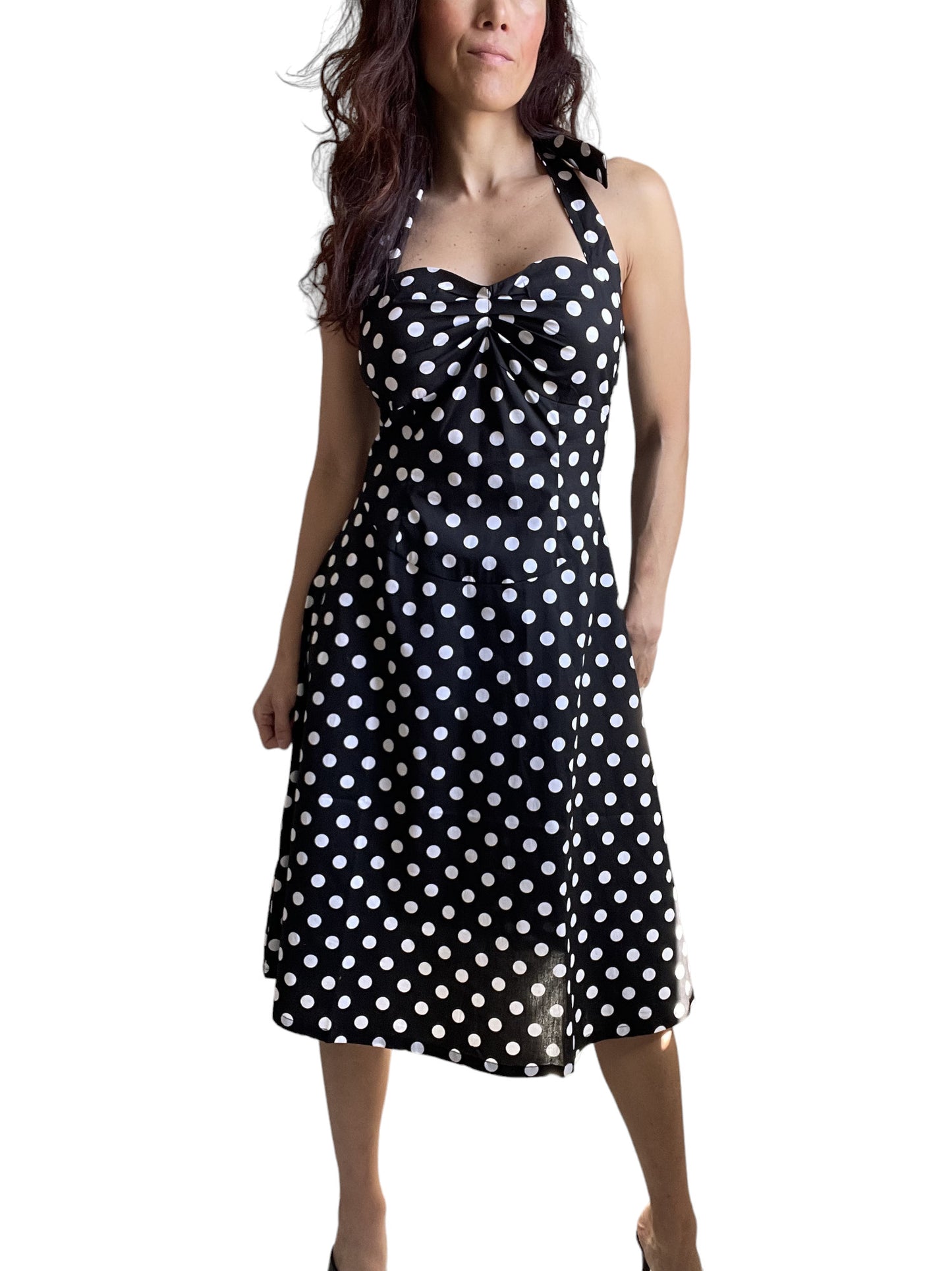 Black Polka Dot Cotton A-Line Halter Midi Summer Beach Dress - Casual Fit and Flare Sundress - Skelapparel