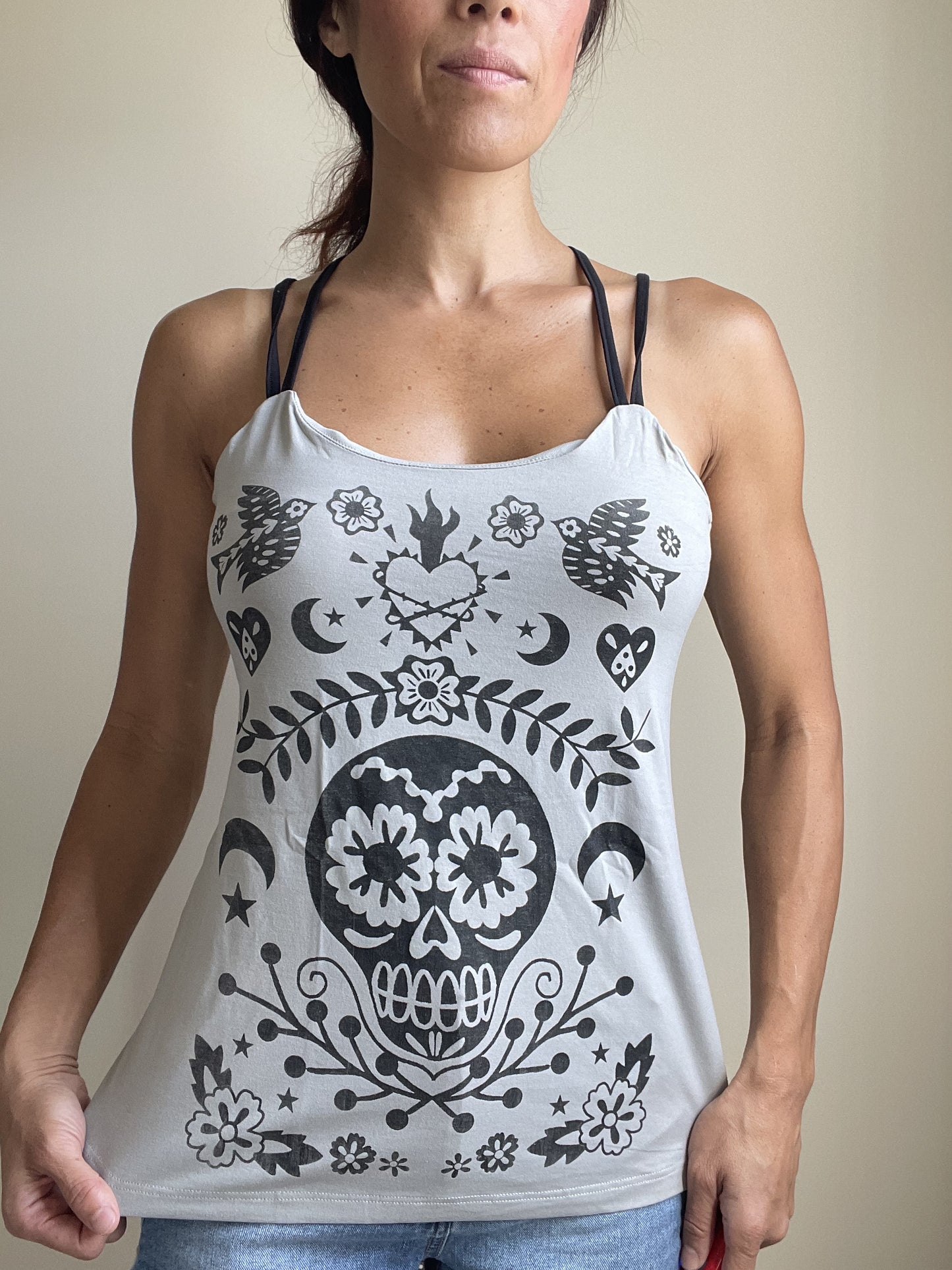 Day Of The Dead Mexican Sugar Skull Tattoo Art Criss Cross Back Top