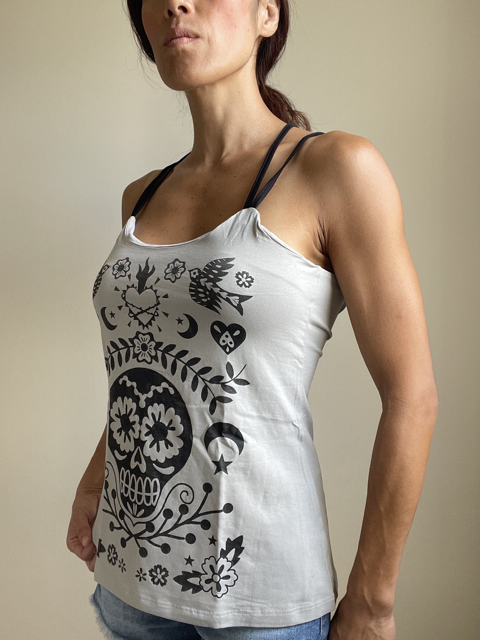 Day Of The Dead Mexican Sugar Skull Tattoo Art Criss Cross Back Top - Skelapparel