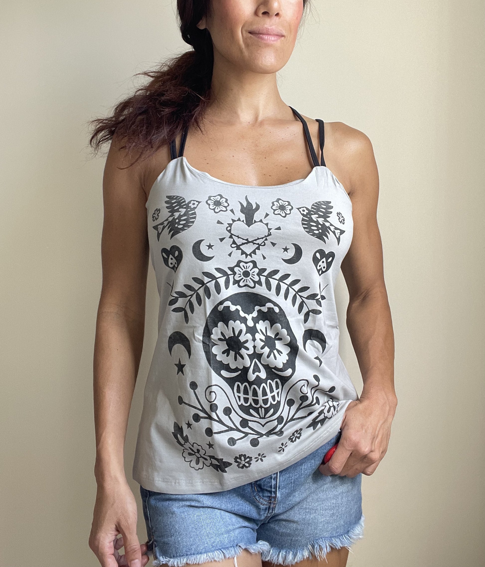 Day Of The Dead Mexican Sugar Skull Tattoo Art Criss Cross Back Top - Skelapparel