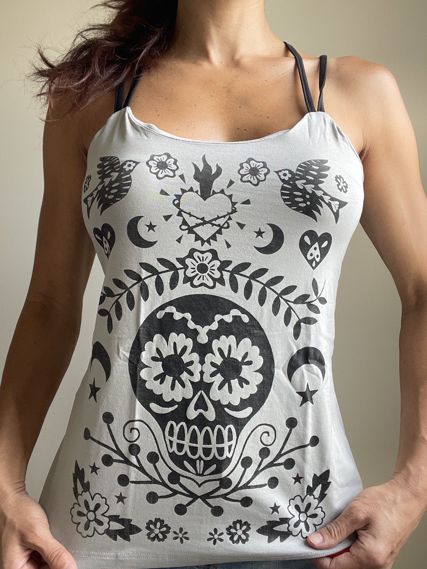 Day Of The Dead Mexican Sugar Skull Tattoo Art Criss Cross Back Top