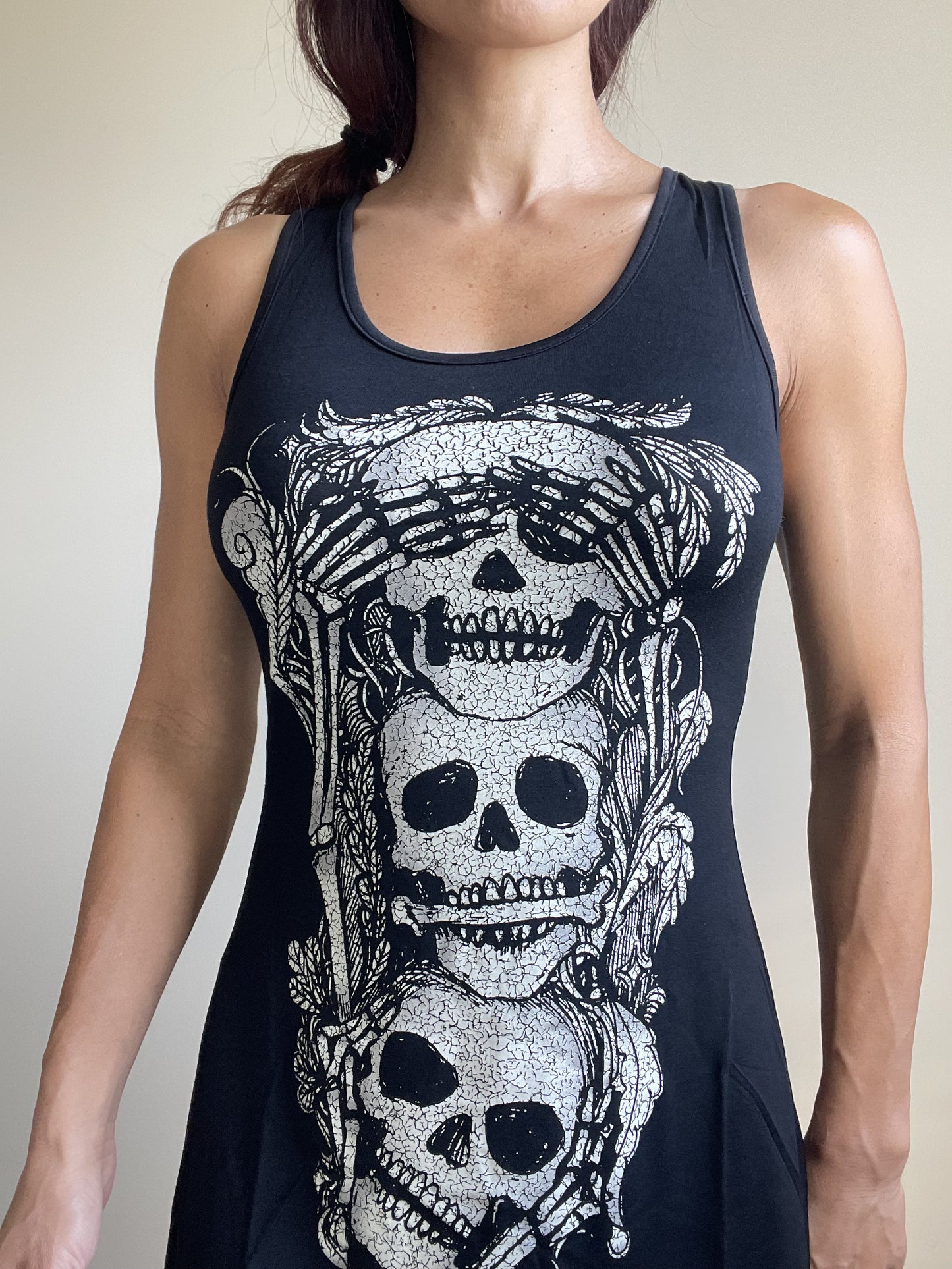 Gothic Three Wise Skulls See No Evil Black Slouchy Long Vest Tank Top