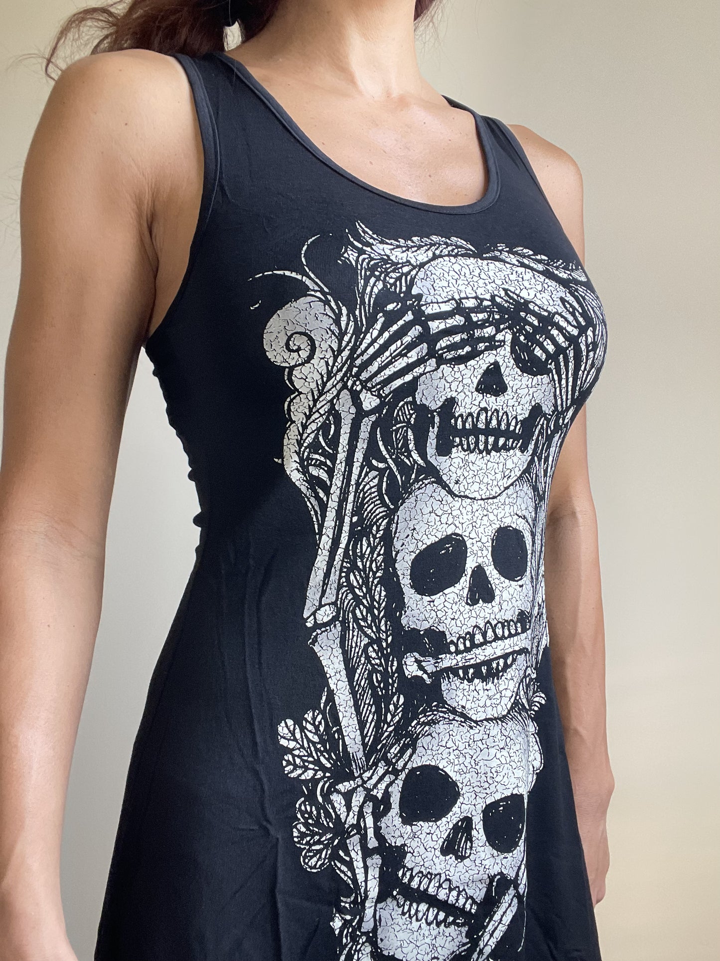 Gothic Three Wise Skulls See No Evil Black Slouchy Long Vest Tank Top