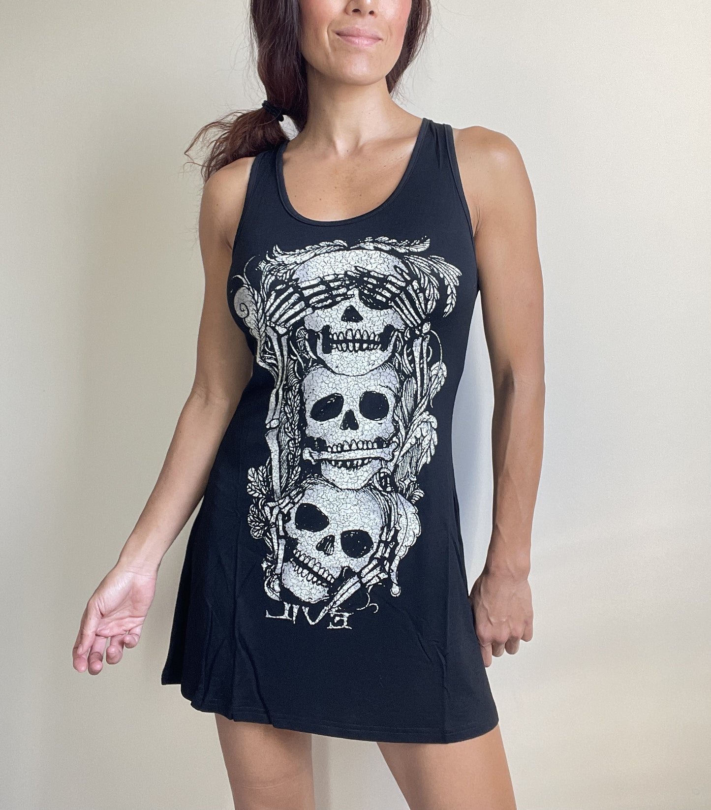 Gothic Three Wise Skulls See No Evil Black Slouchy Long Vest Tank Top