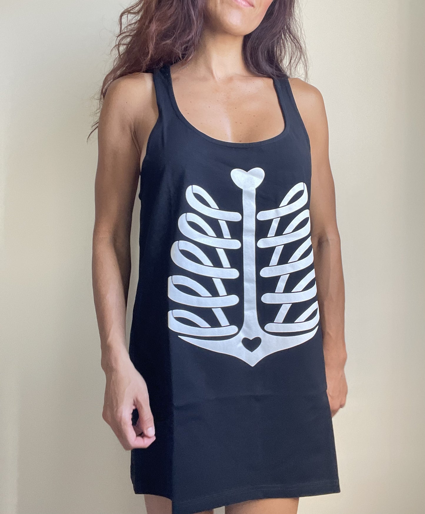 Nautical Goth Ribcage Heart Print Black Tank Top - Xtra Long Black Tank top