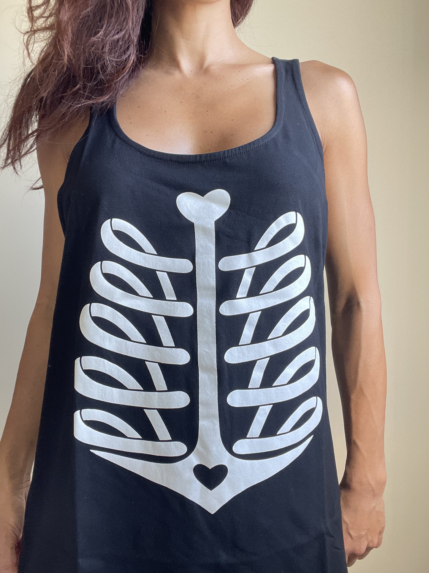Nautical Goth Ribcage Heart Print Black Tank Top - Xtra Long Black Tank top