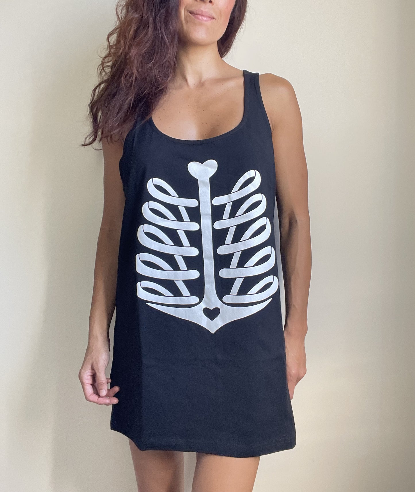 Nautical Goth Ribcage Heart Print Black Tank Top - Xtra Long Black Tank top