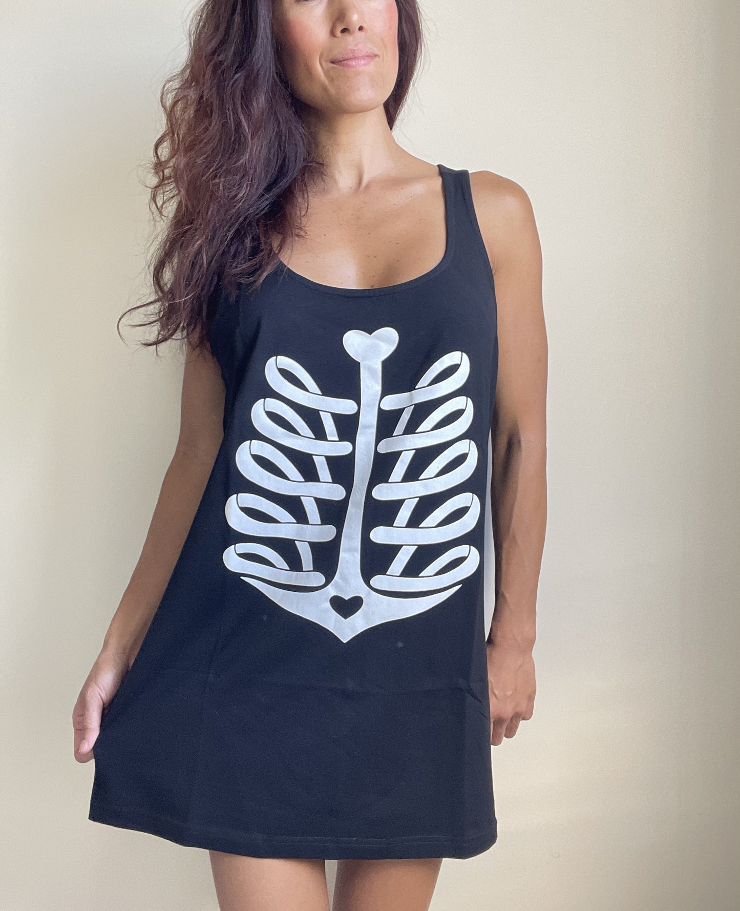 Nautical Goth Ribcage Heart Print Black Tank Top - Xtra Long Black Tank top