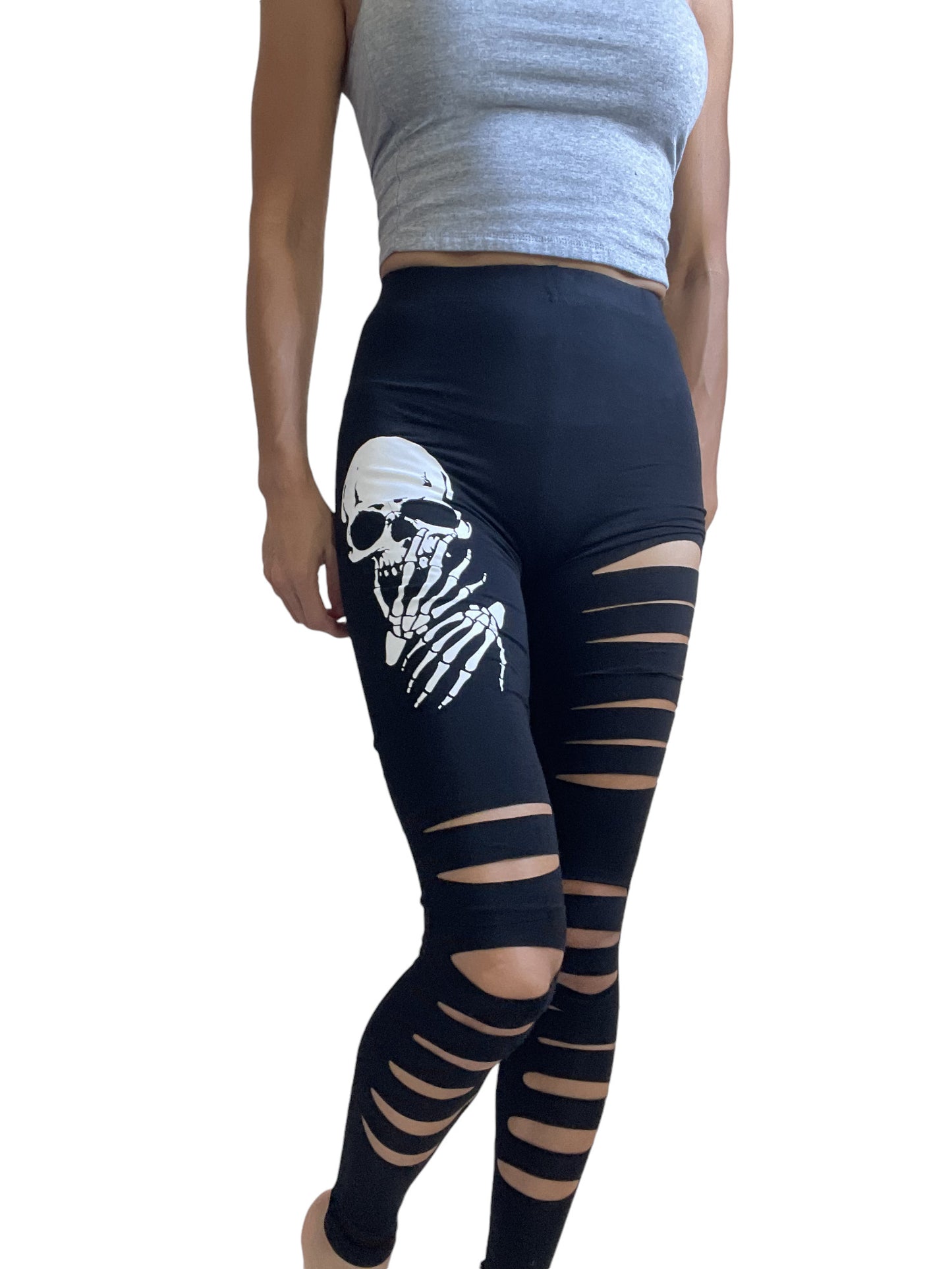 Halloween Spooky Gothic Grunge Skull and Hands Slashed Cutout Ripped Black Leggings - Skelapparel