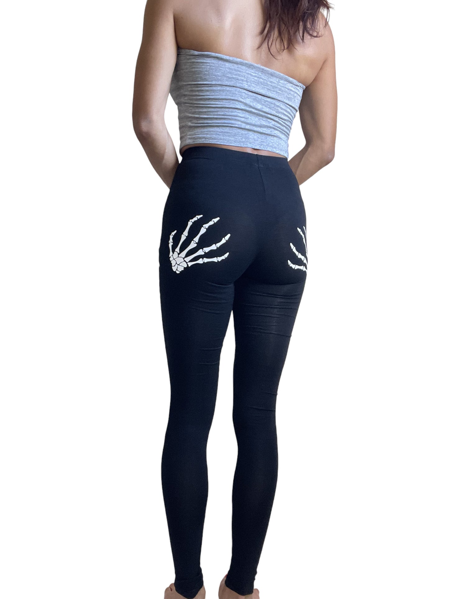 Halloween Spooky Gothic Grunge Skull and Hands Slashed Cutout Ripped Black Leggings - Skelapparel