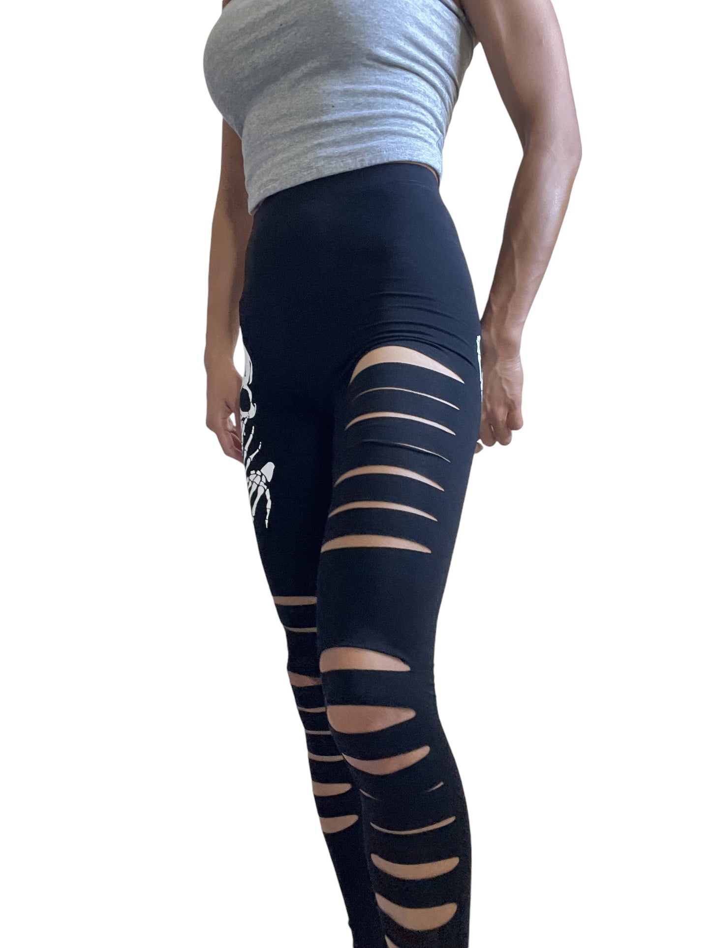 Halloween Spooky Gothic Grunge Skull and Hands Slashed Cutout Ripped Black Leggings - Skelapparel