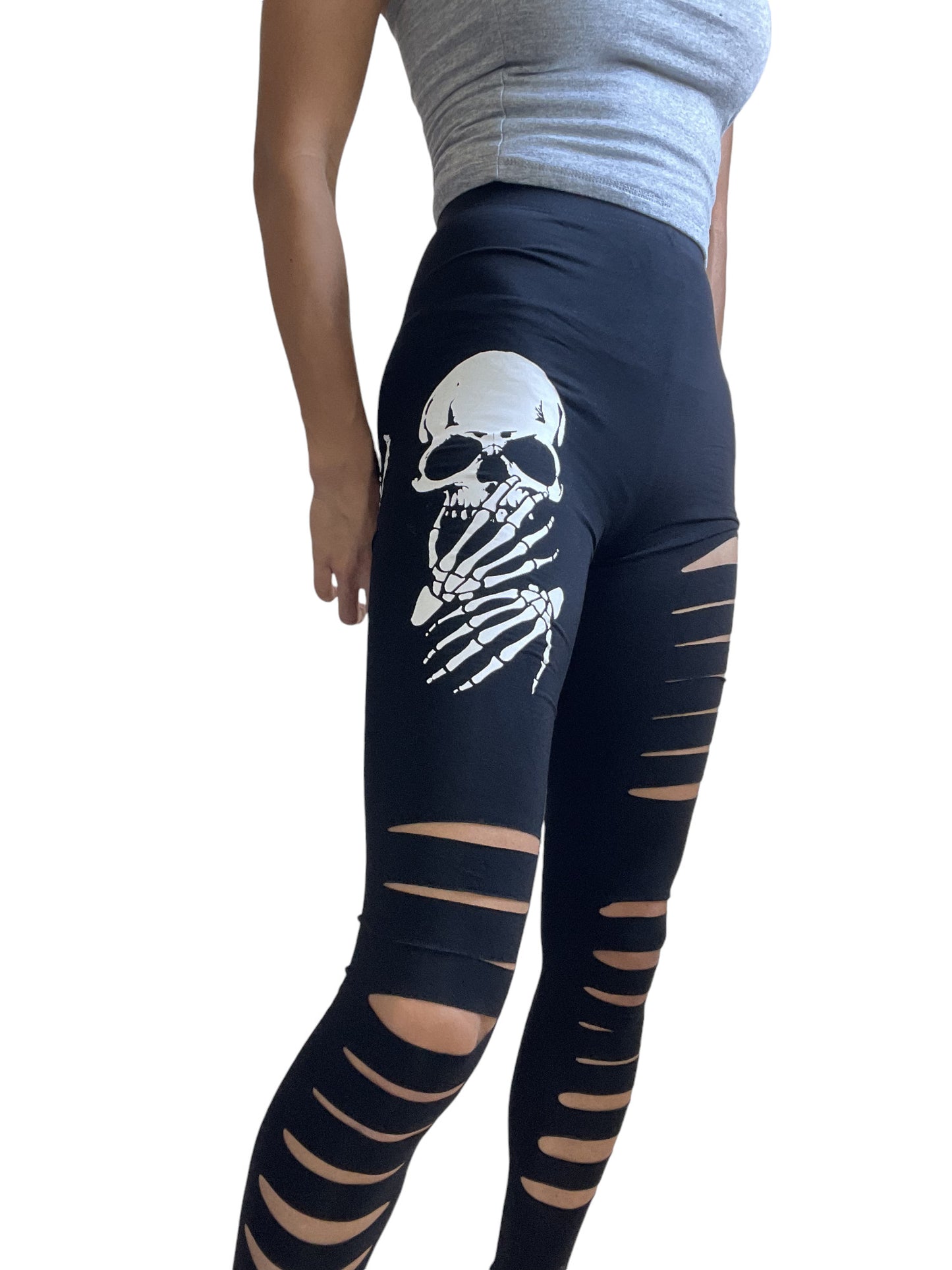 Halloween Spooky Gothic Grunge Skull and Hands Slashed Cutout Ripped Black Leggings - Skelapparel