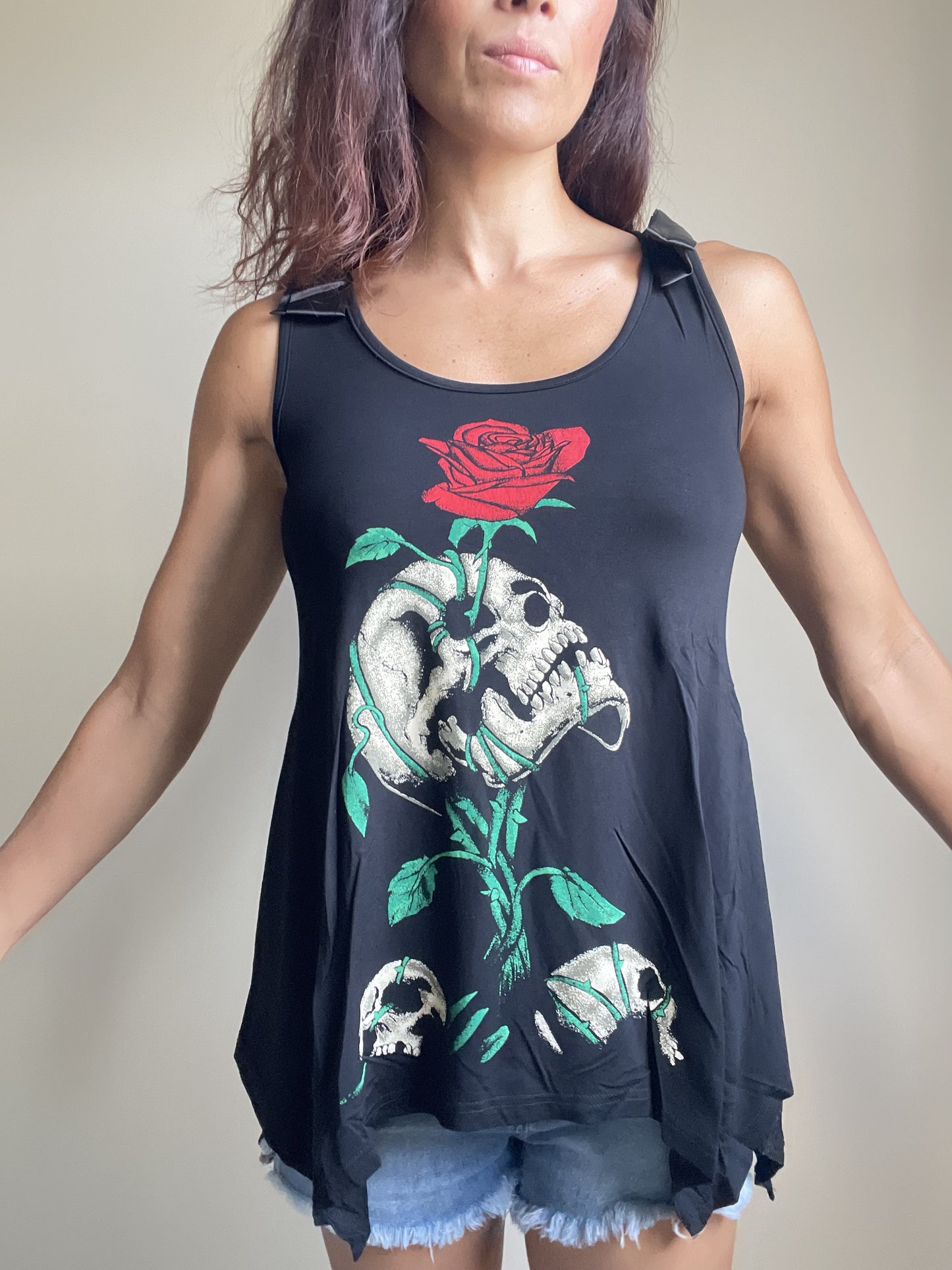 Gothic Skull & Red Rose " Reborn" Black skull Lace Flowy Tank top - Skelapparel