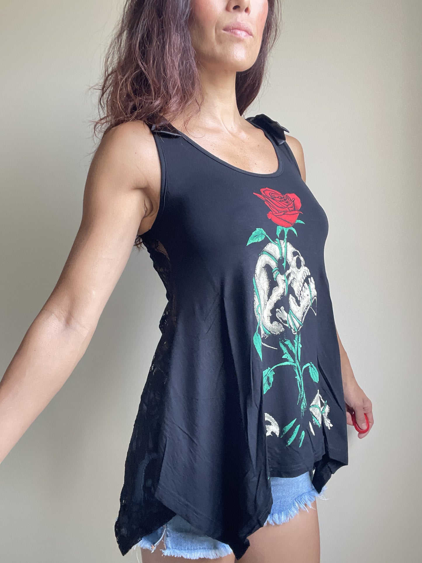 Gothic Skull & Red Rose " Reborn" Black skull Lace Flowy Tank top - Skelapparel