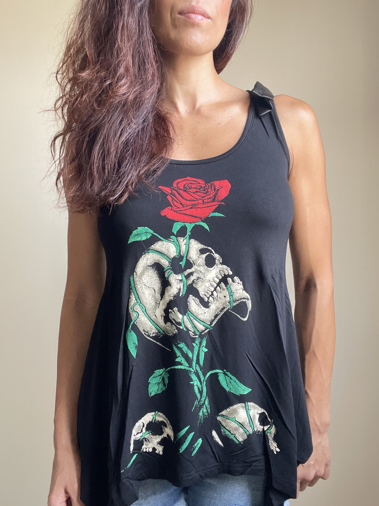 Gothic Skull & Red Rose " Reborn" Black skull Lace Flowy Tank top - Skelapparel