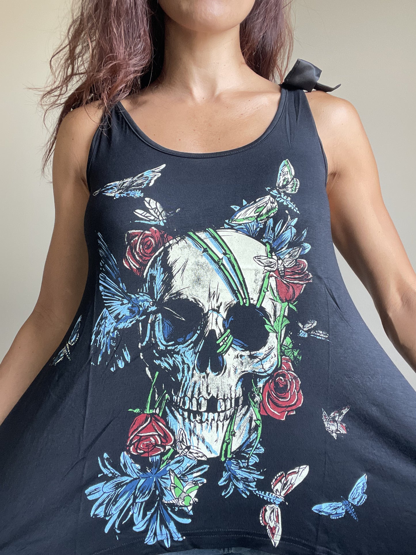 Skull Flower and Moth Black Skull Lace Flowy Tank Top - Skelapparel