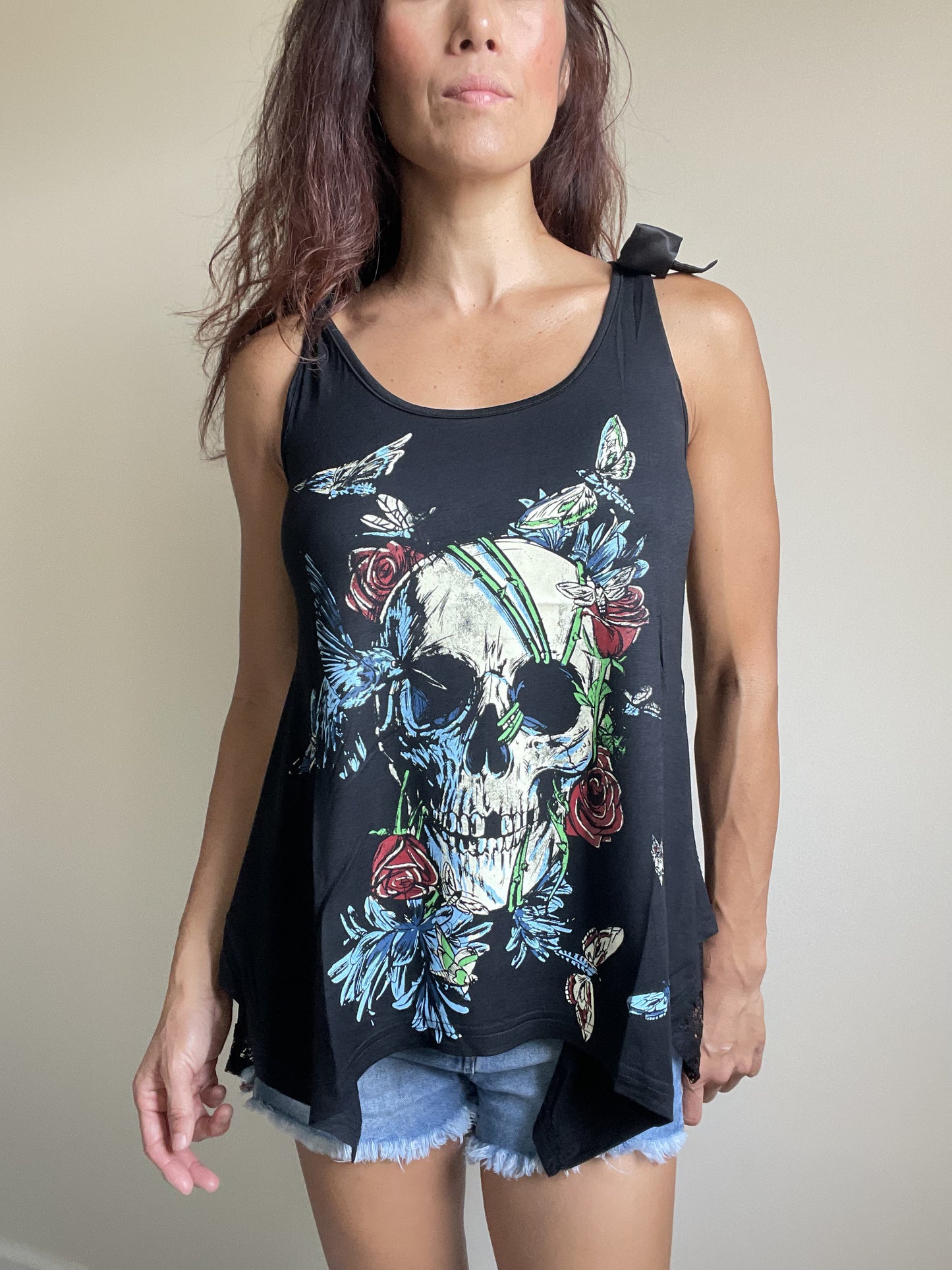 Skull Flower and Moth Black Skull Lace Flowy Tank Top - Skelapparel