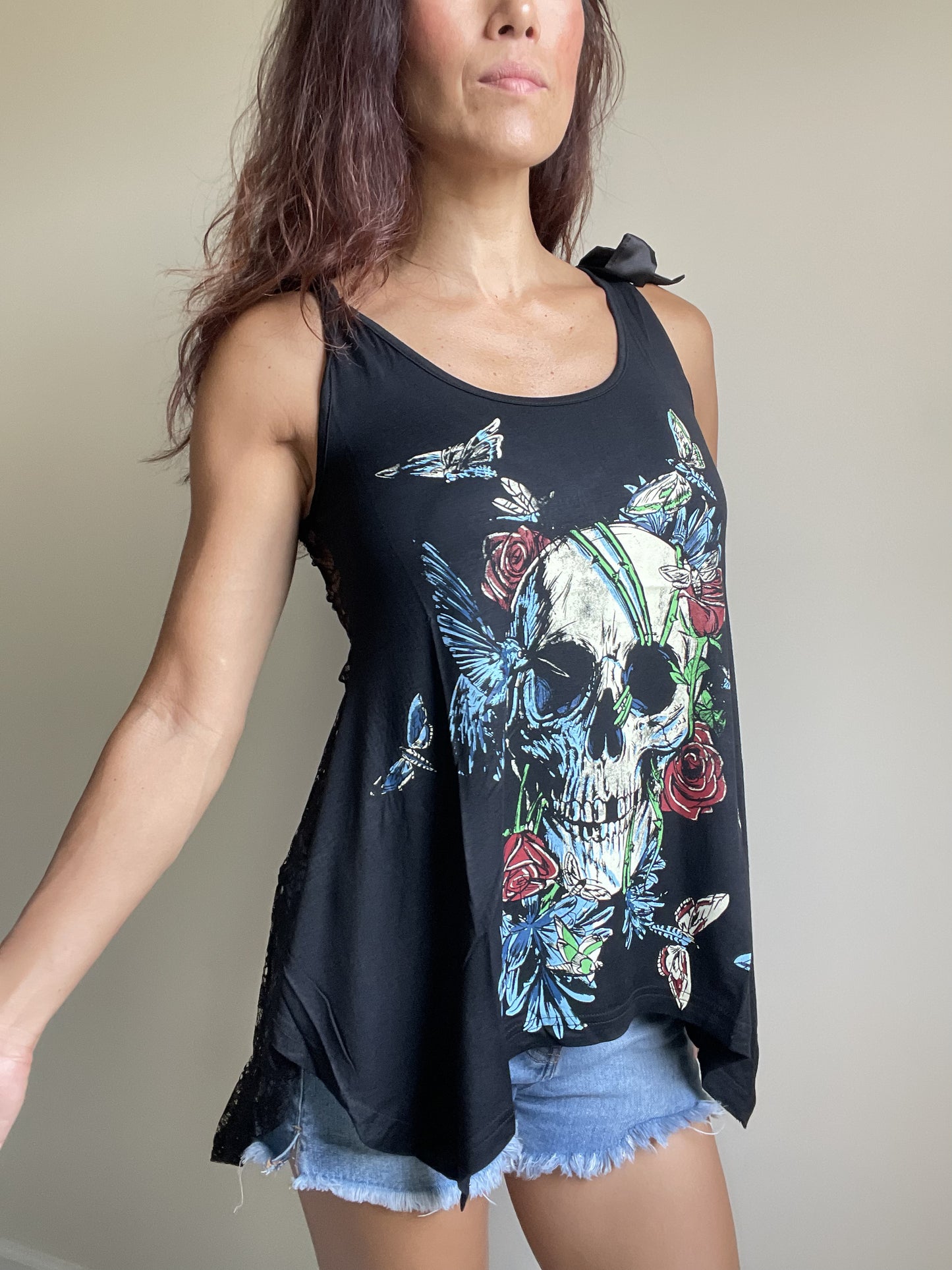 Skull Flower and Moth Black Skull Lace Flowy Tank Top - Skelapparel