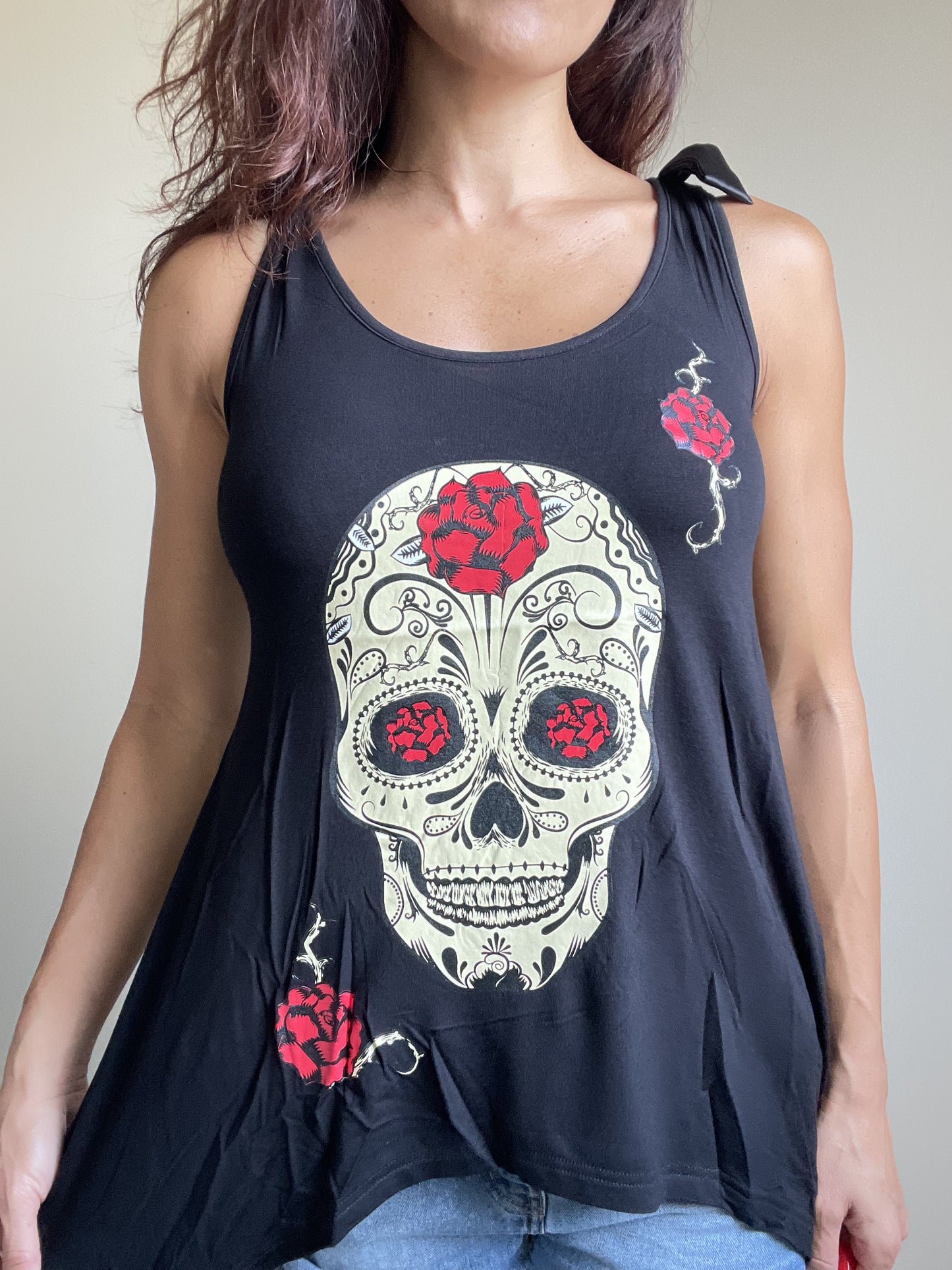 Sugar Skull and roses Black skull Lace Flowy Tank top - Skelapparel