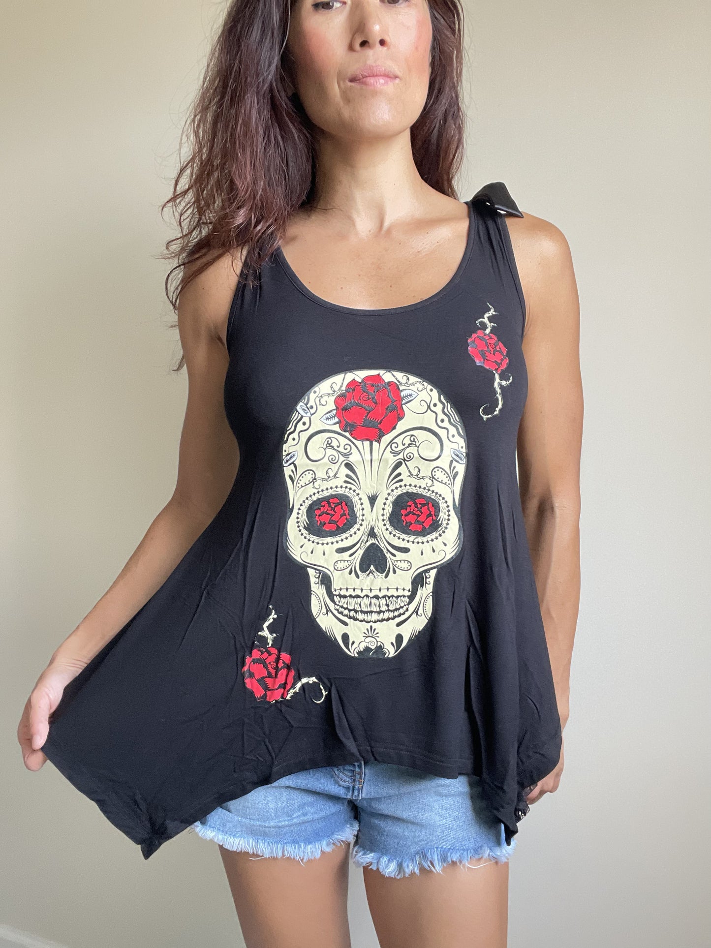 Sugar Skull and roses Black skull Lace Flowy Tank top - Skelapparel