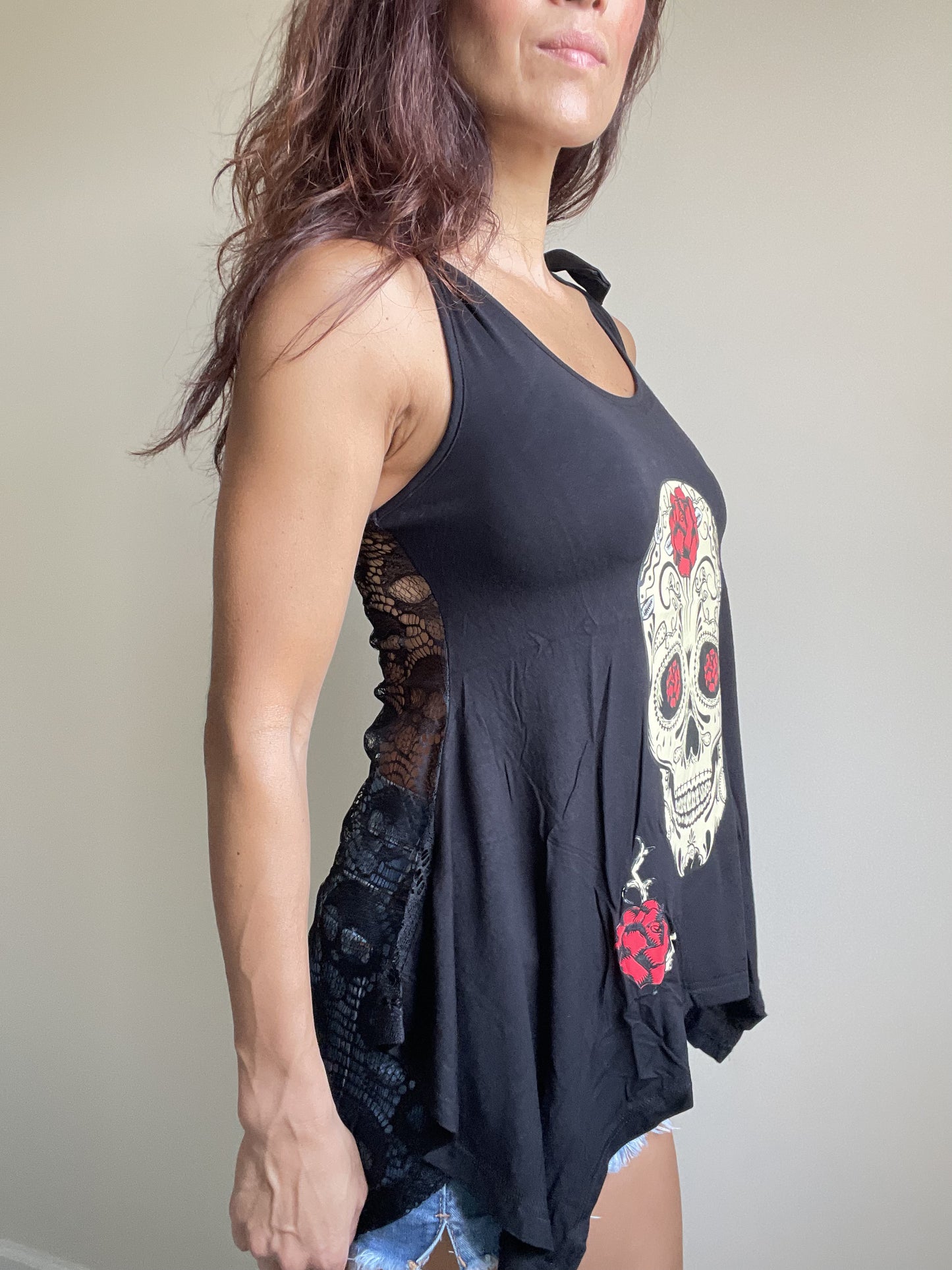 Sugar Skull and roses Black skull Lace Flowy Tank top - Skelapparel