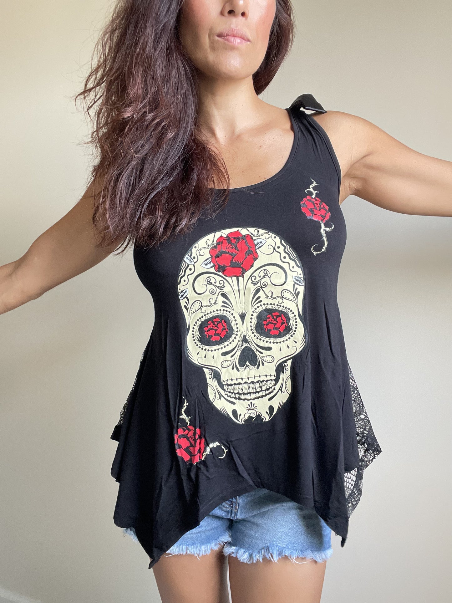 Sugar Skull and roses Black skull Lace Flowy Tank top - Skelapparel