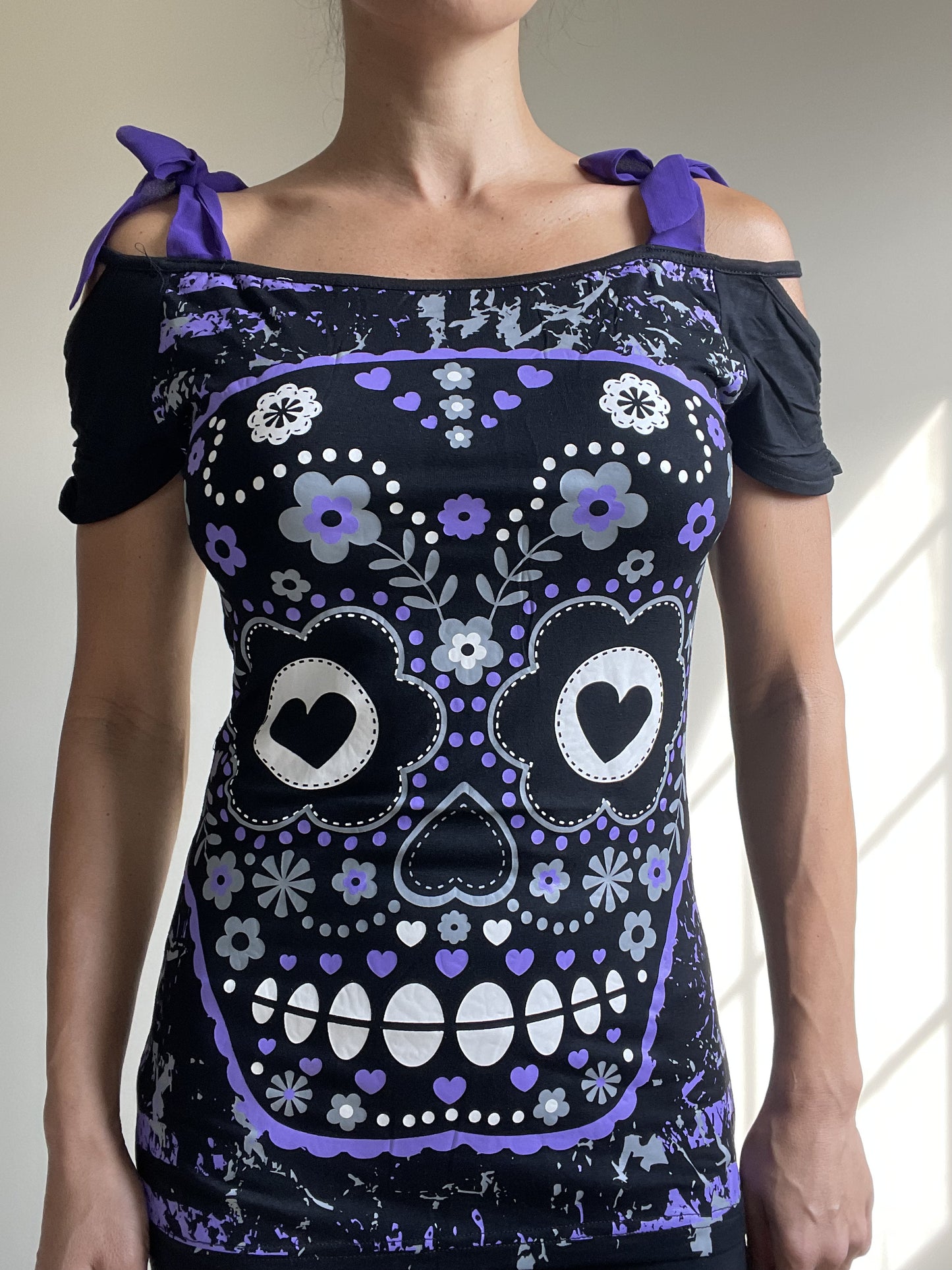 Banned Apparel Purple Candy Flower Sugar Skull Bow Tie Shoulder Straps Top