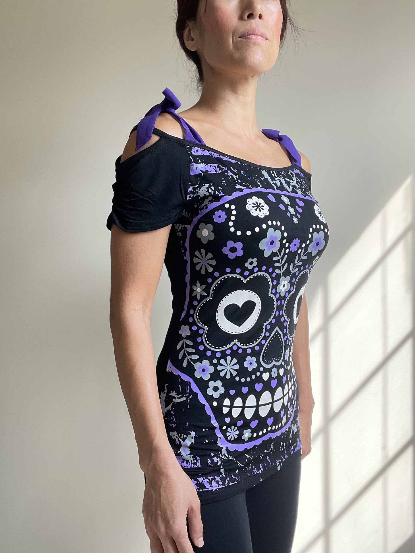 Banned Apparel Purple Candy Flower Sugar Skull Bow Tie Shoulder Straps Top