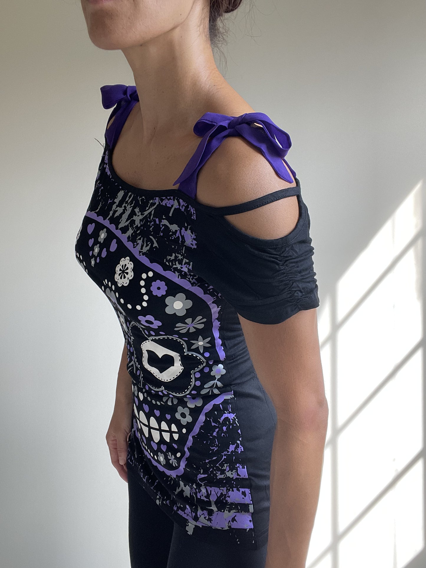 Banned Apparel Purple Candy Flower Sugar Skull Bow Tie Shoulder Straps Top