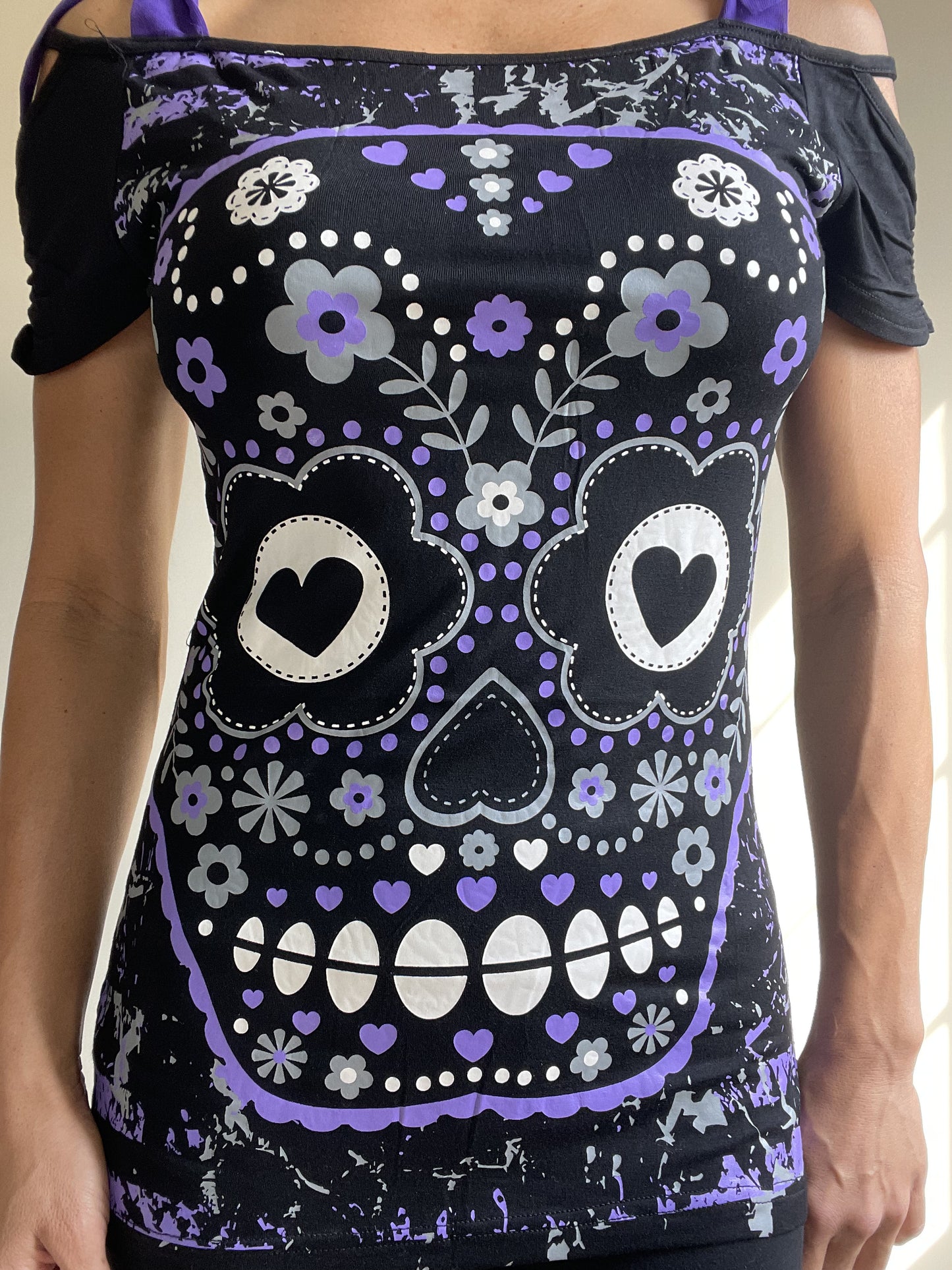 Banned Apparel Purple Candy Flower Sugar Skull Bow Tie Shoulder Straps Top